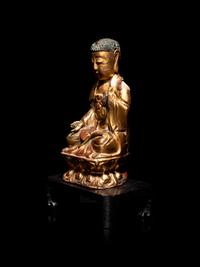 A Small Chinese Gilt Lacquered Wood Figure of Buddha Shakyamuni