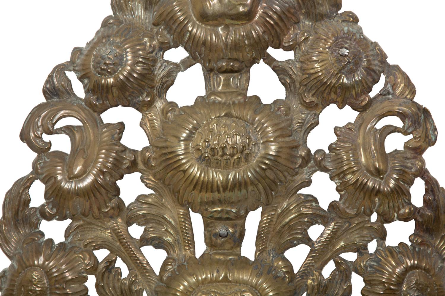 A Pair of Dutch Chased Brass Two-Light Sconces