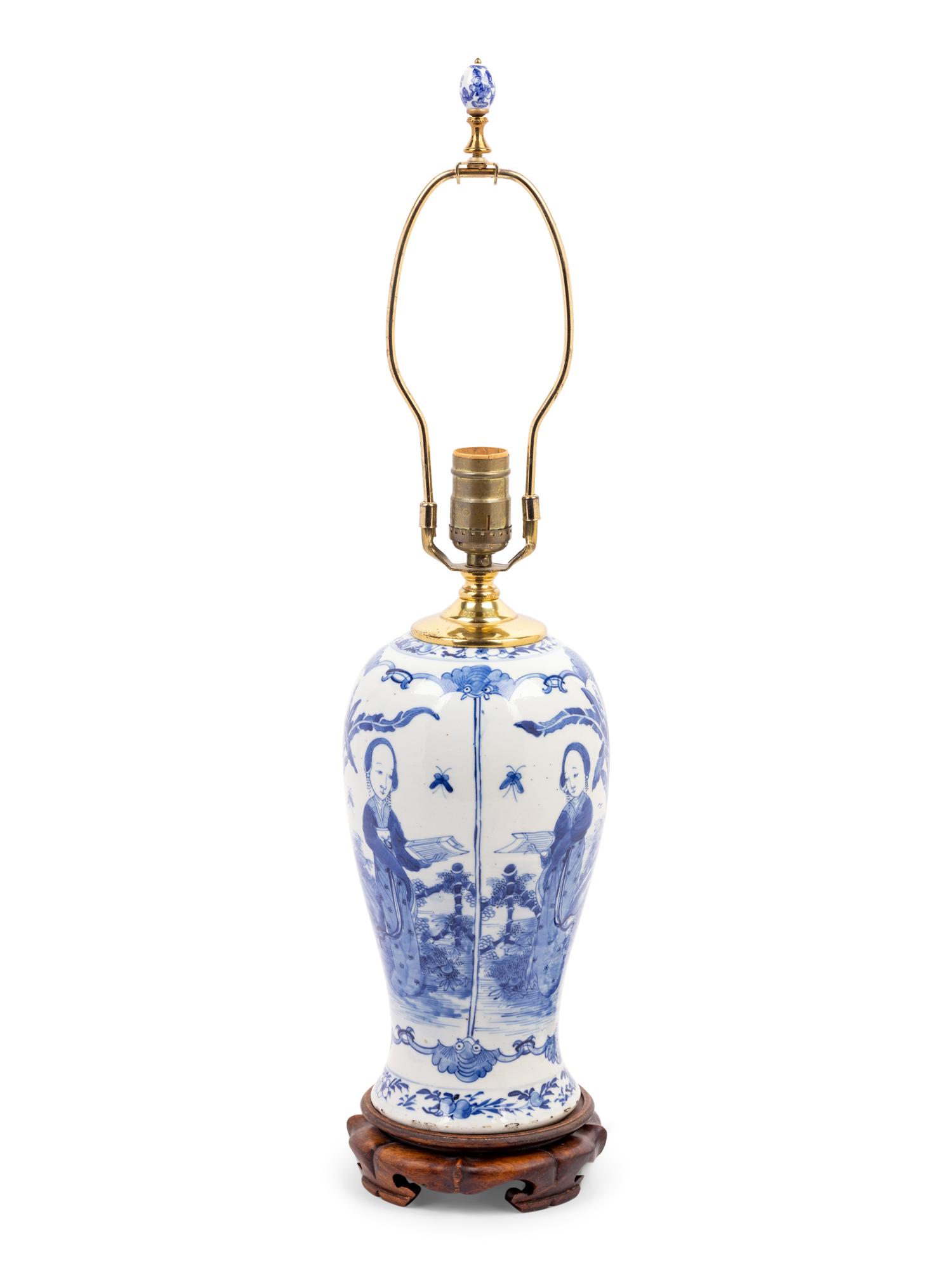 A Chinese Blue and White Porcelain Baluster Vase Mounted as a Lamp