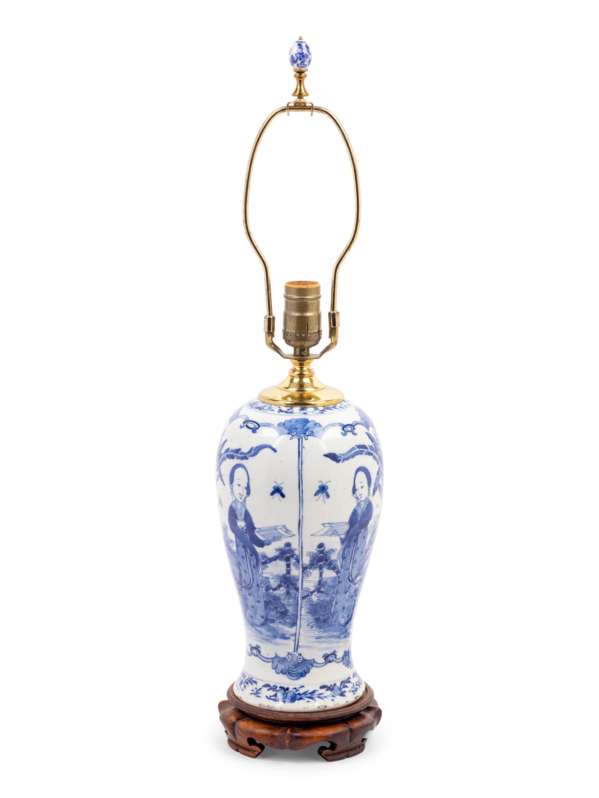 A Chinese Blue and White Porcelain Baluster Vase Mounted as a Lamp