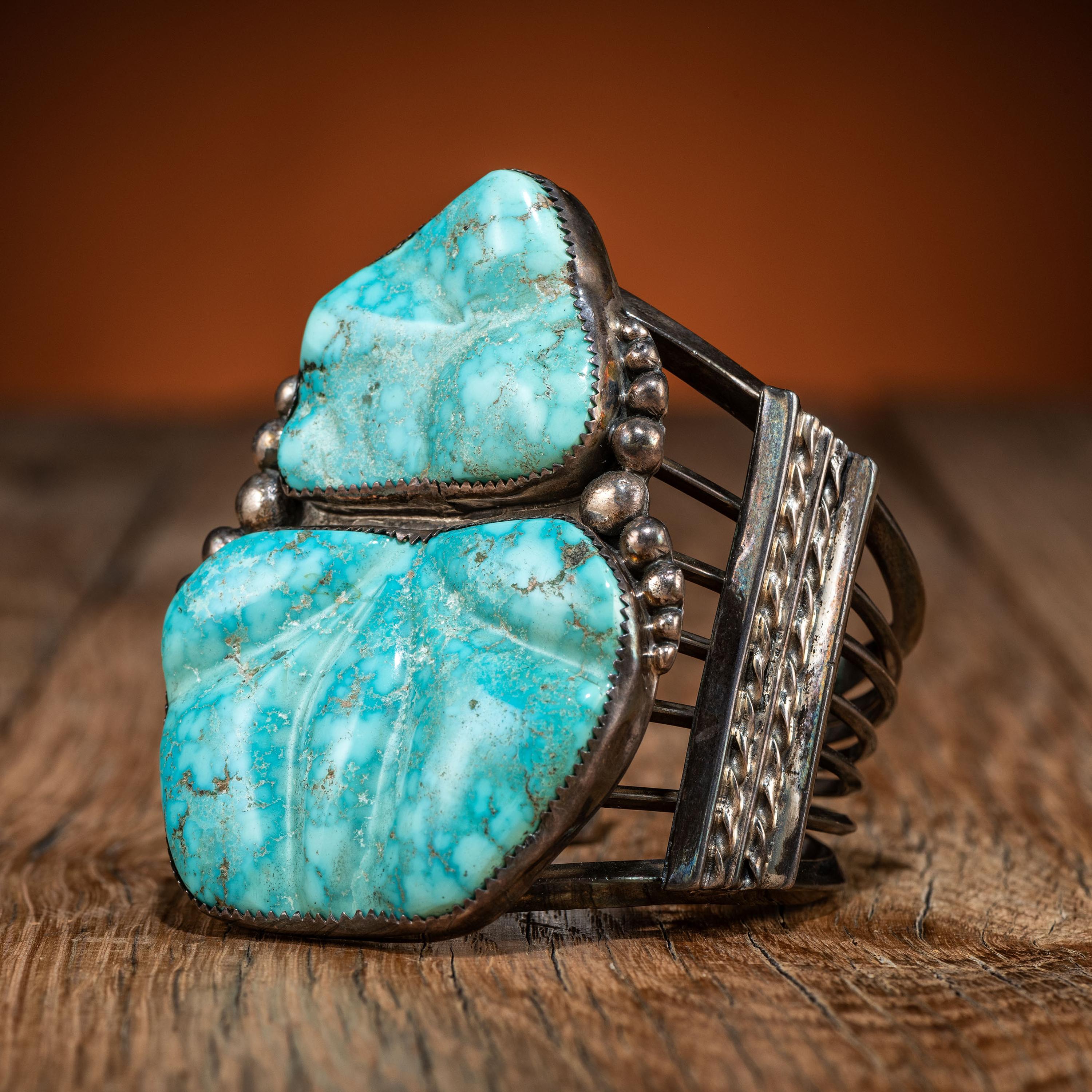 Navajo Sterling Silver Wire and Carved Turquoise Cuff Bracelet
