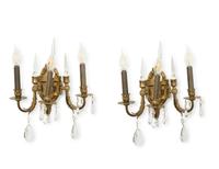 A Pair of Continental Gilt Bronze Three-Light Sconces