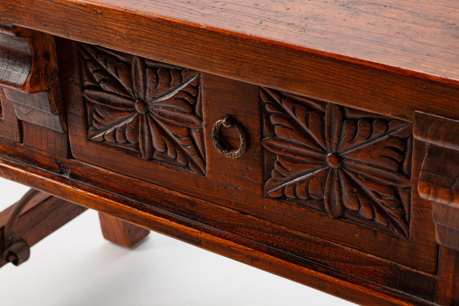 A Spanish Iron-Mounted Walnut Trestle Table