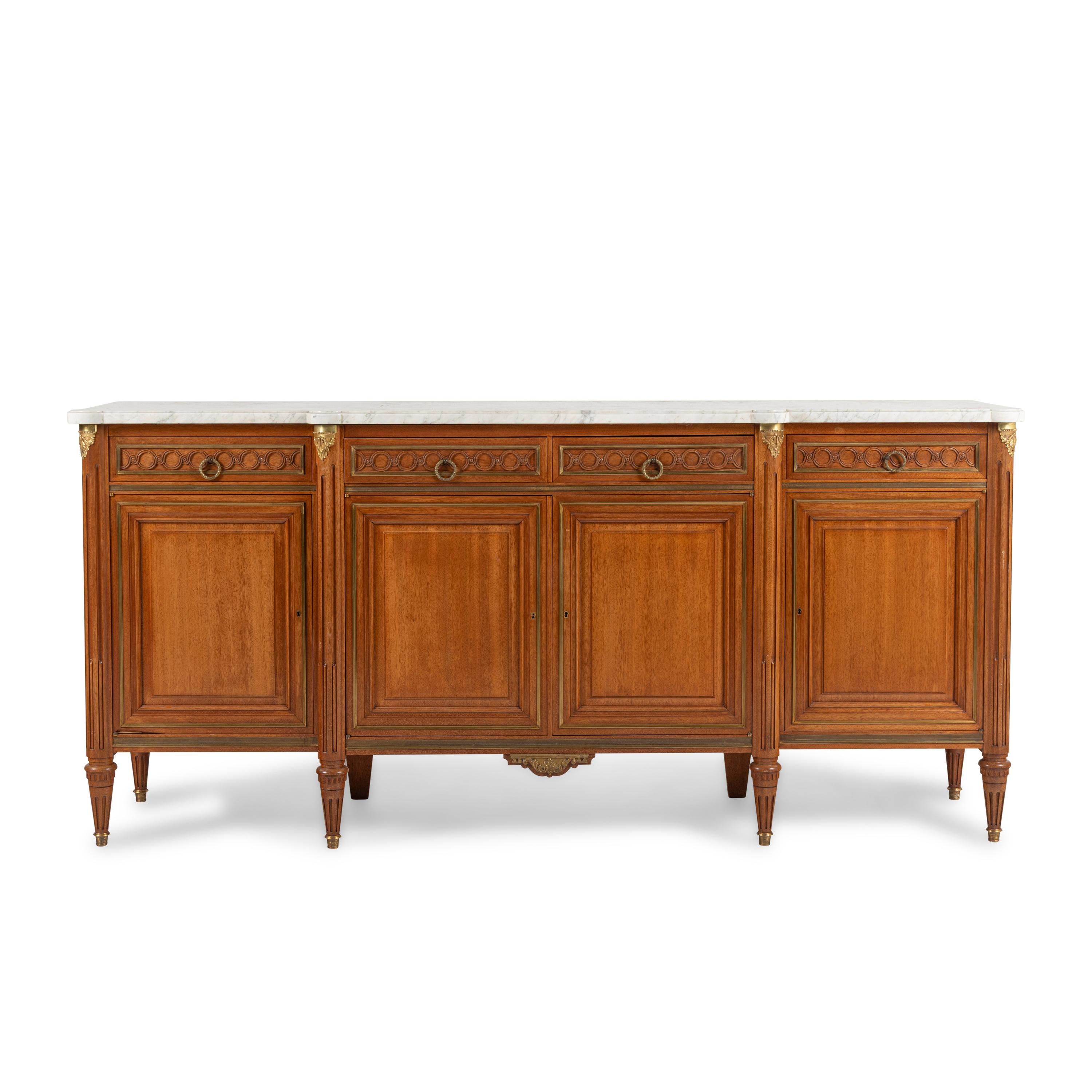 A Louis XVI Style Fruitwood Marble-Top Serving Cabinet