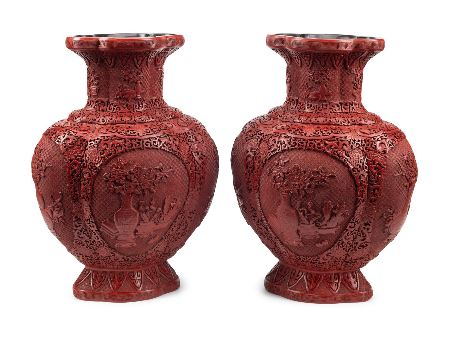 A Pair of Large Chinese Carved Red Lacquer Vases