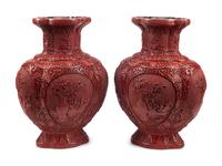 A Pair of Large Chinese Carved Red Lacquer Vases