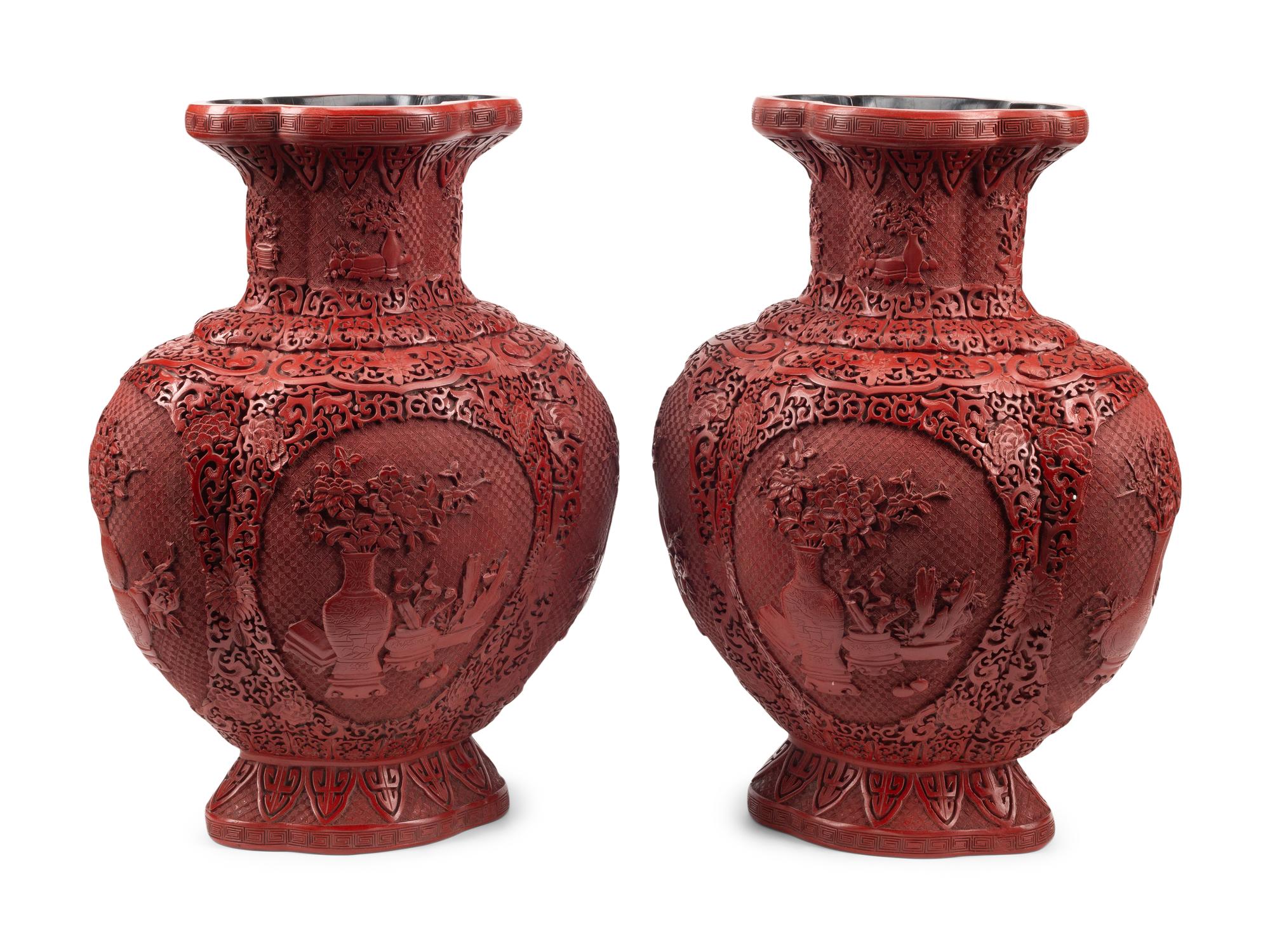 A Pair of Large Chinese Carved Red Lacquer Vases