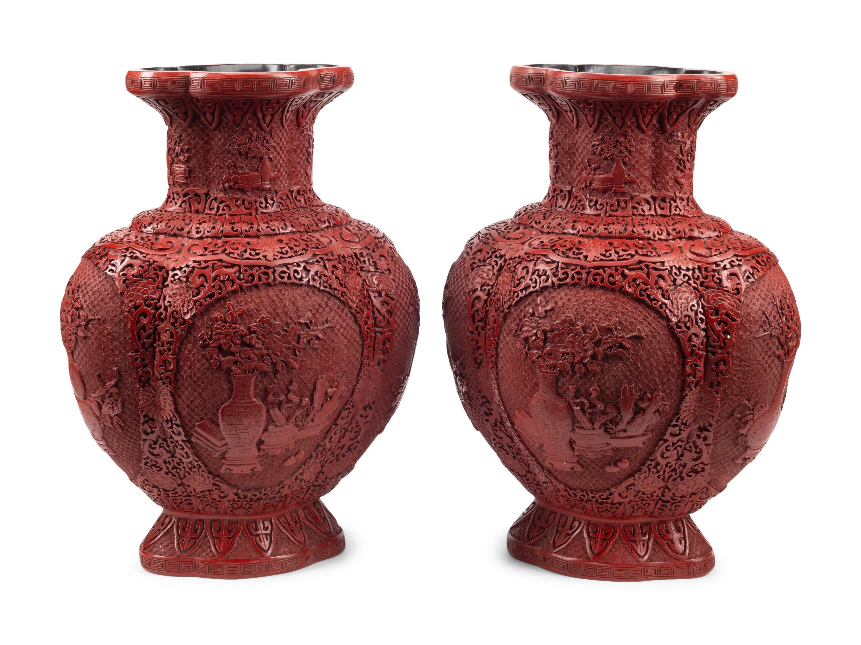 A Pair of Large Chinese Carved Red Lacquer Vases