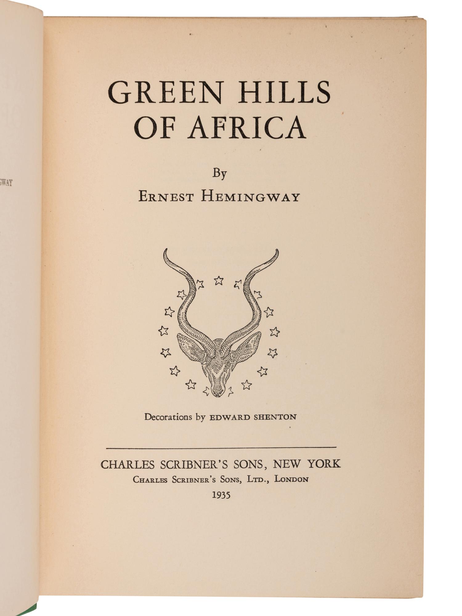 HEMINGWAY, Ernest (1899-1961). Green Hills of Africa . New York and London: Charles Scribner's Sons, 1935.