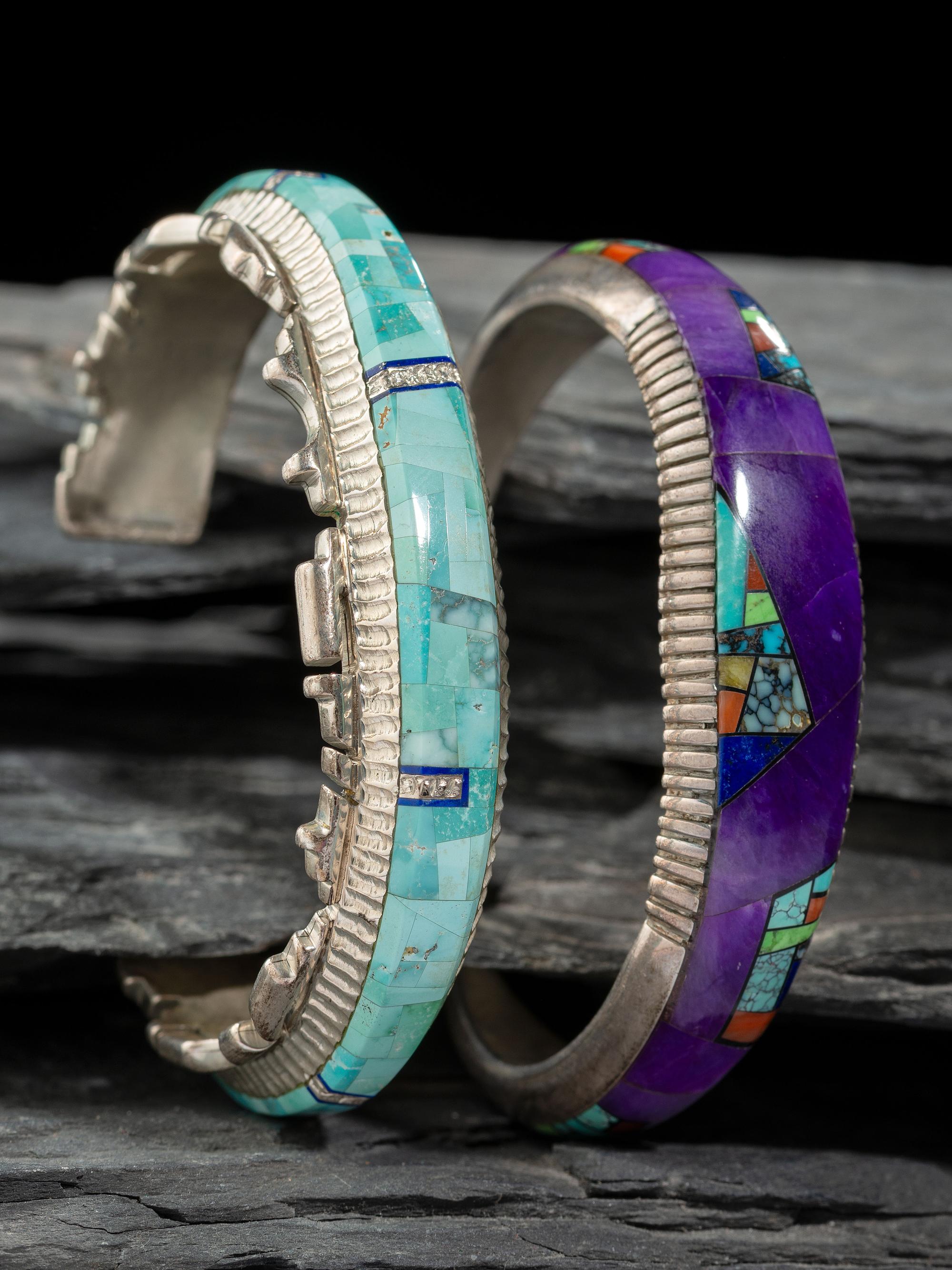 Pair of Slender Sterling Silver and Mosaic Inlay Cuff Bracelets