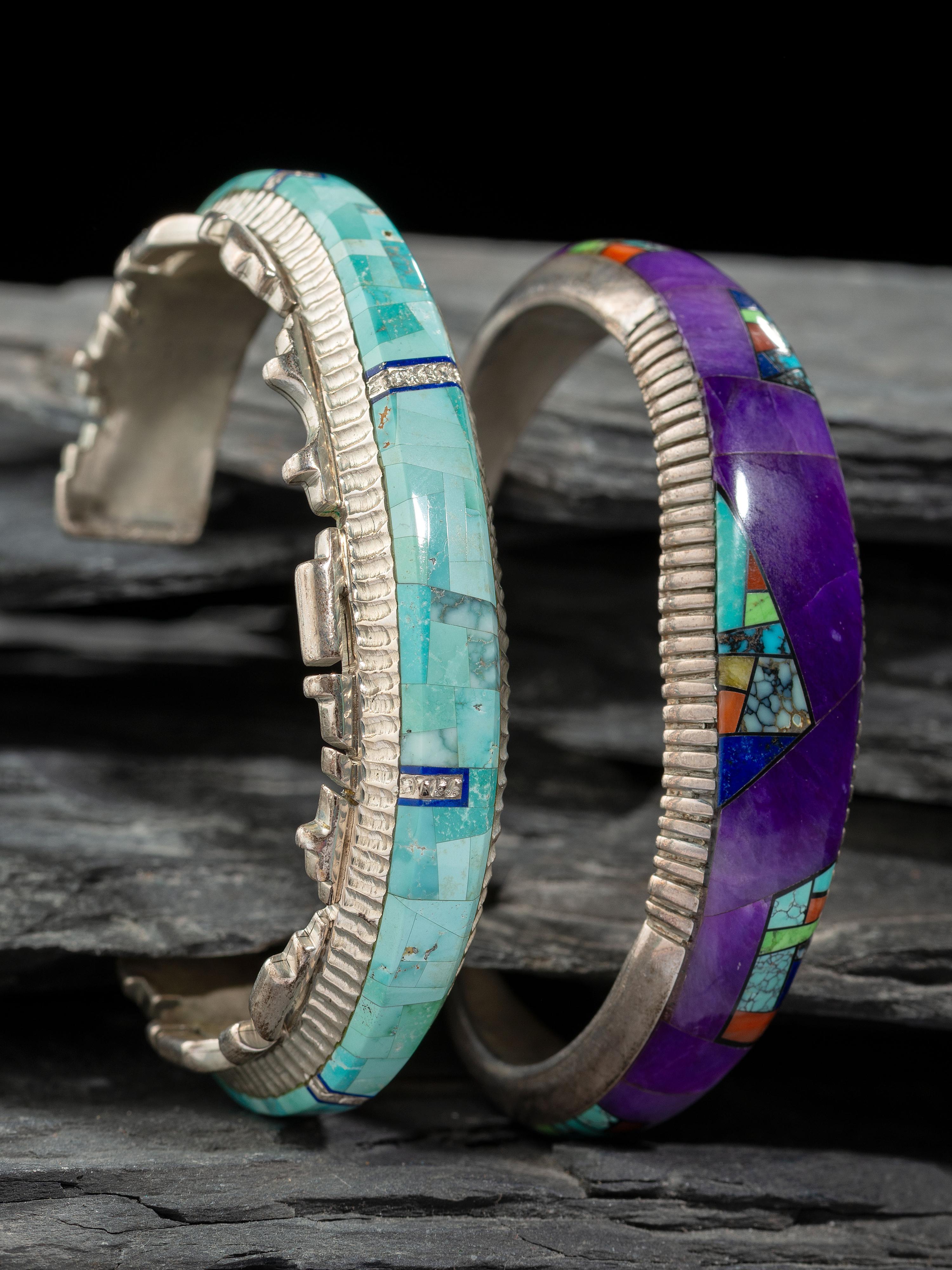Pair of Slender Sterling Silver and Mosaic Inlay Cuff Bracelets