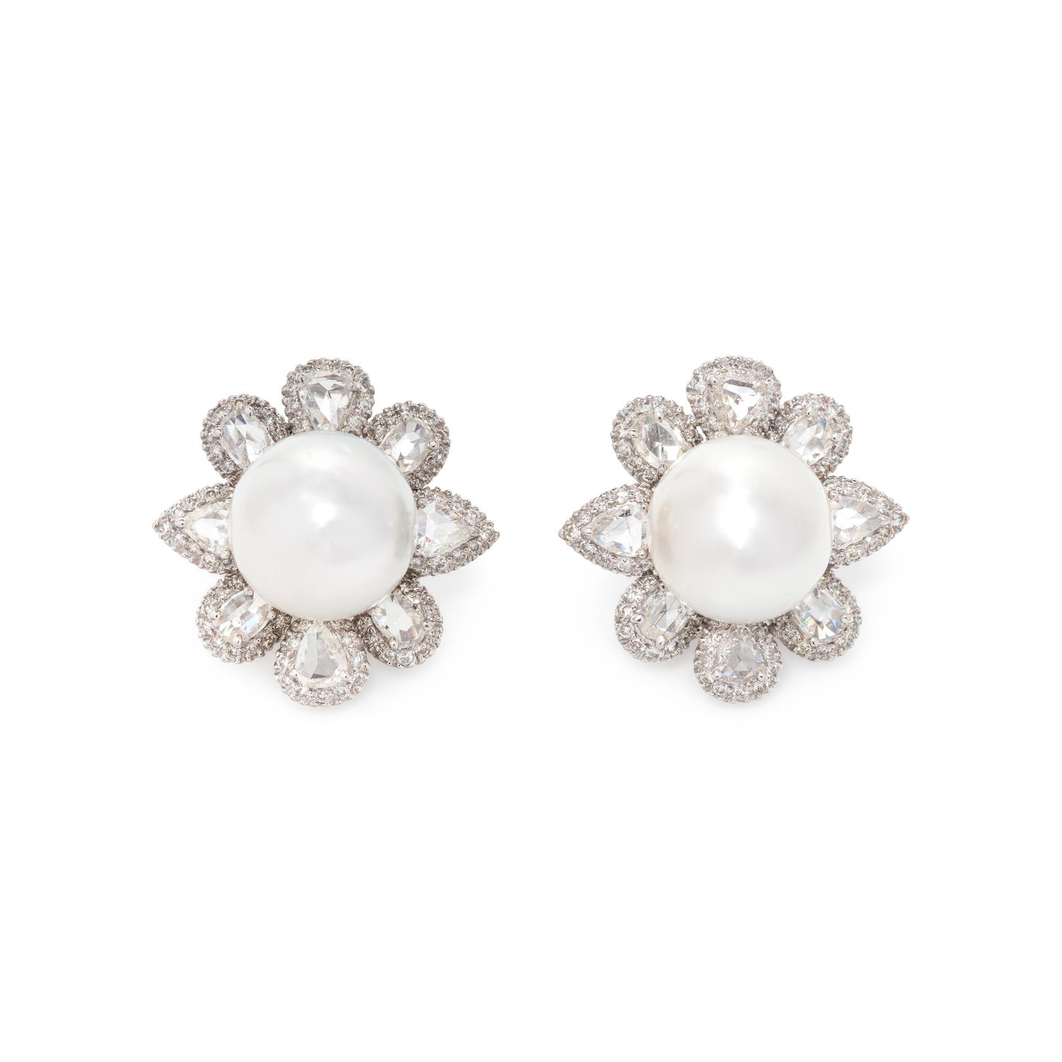 CULTURED SOUTH SEA PEARL AND DIAMOND EARCLIPS