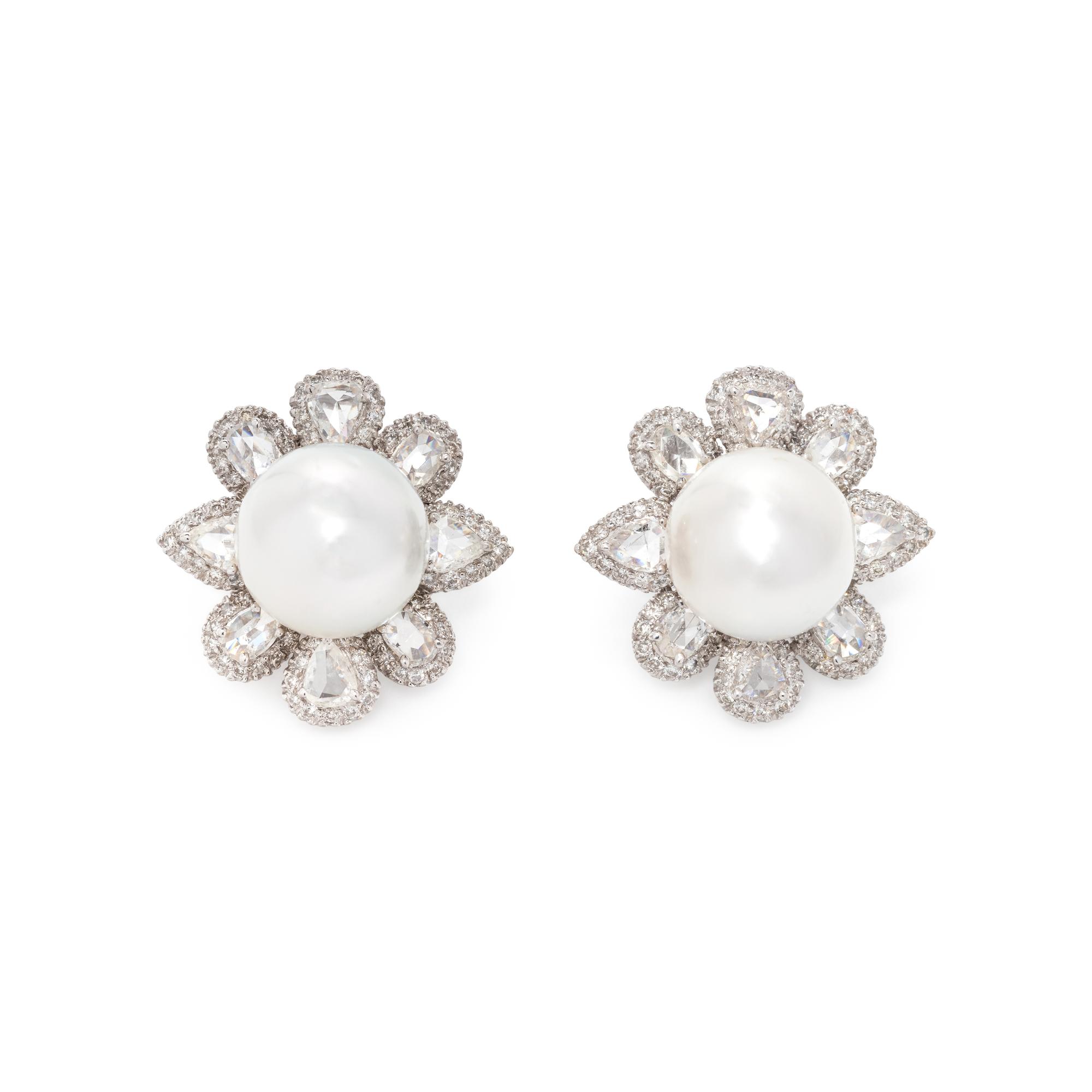 CULTURED SOUTH SEA PEARL AND DIAMOND EARCLIPS