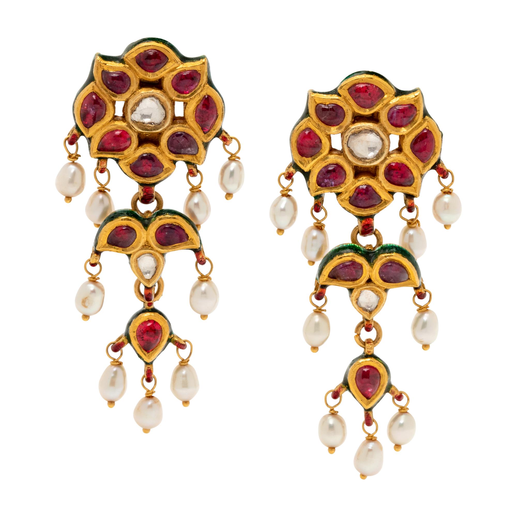 KUNDAN, DIAMOND, RUBY, ENAMEL AND CULTURED PEARL EARCLIPS