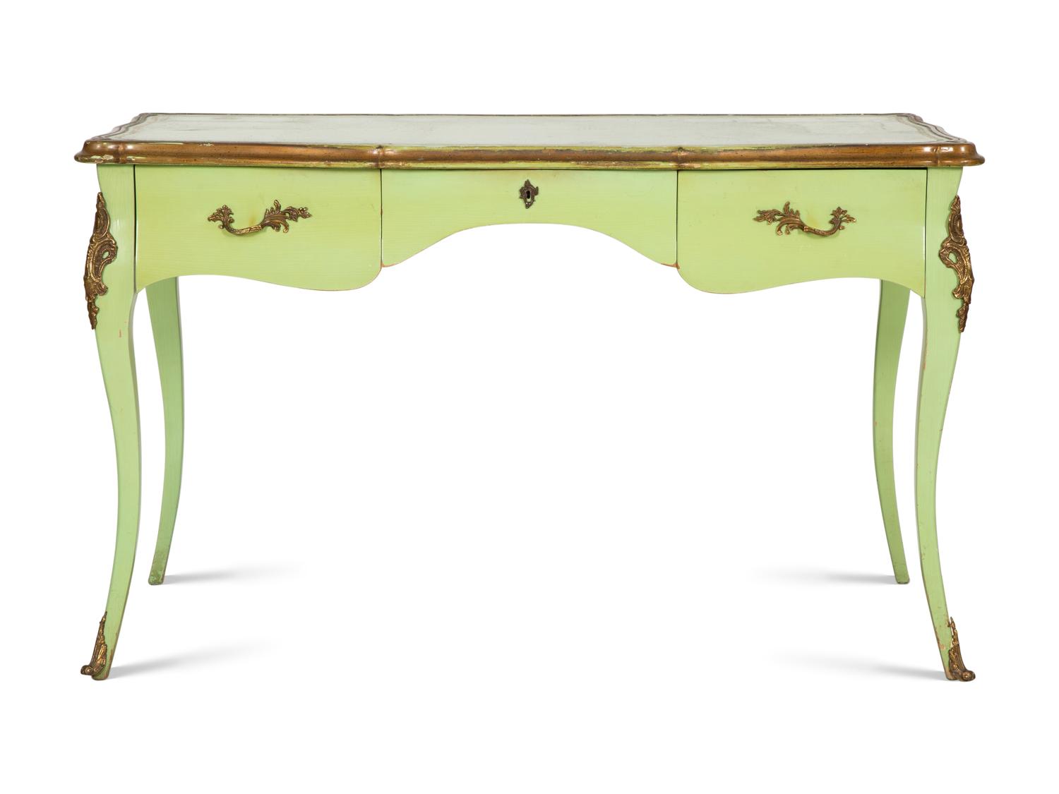 A Louis XV Style Gilt Metal Mounted Green-Painted Bureau Plat