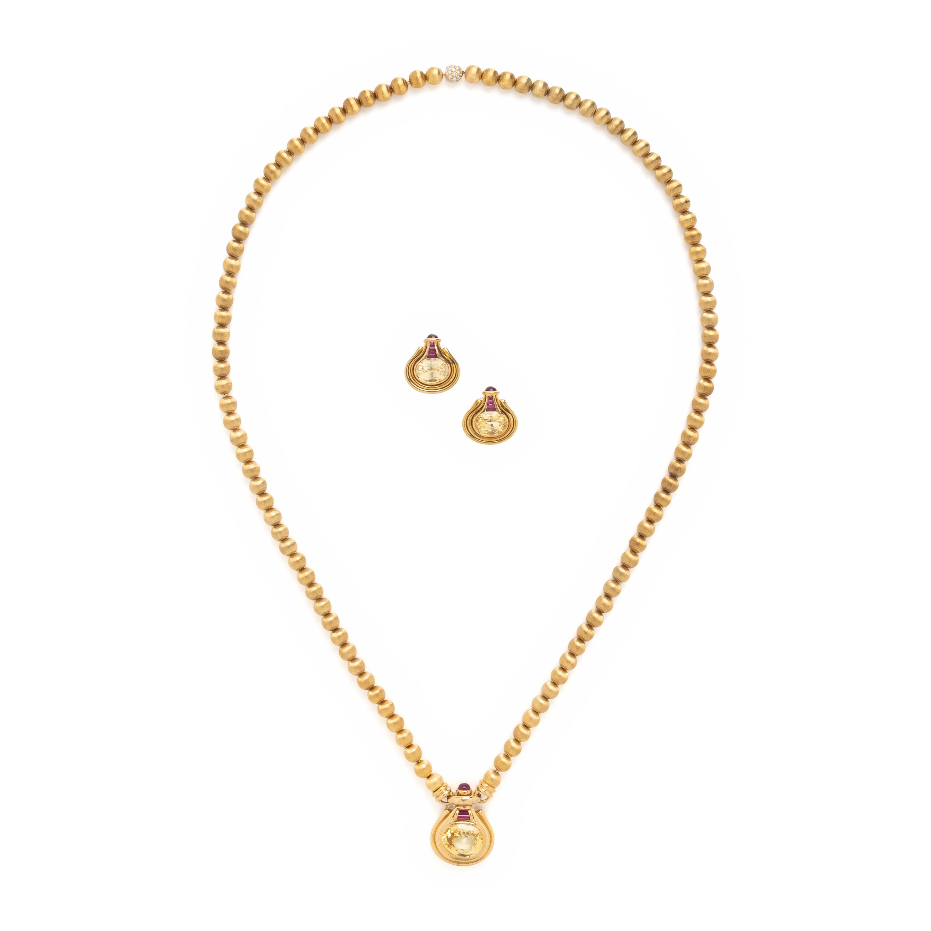 Yellow Sapphire, Synthetic Ruby, and Yellow Gold Demi-Parure