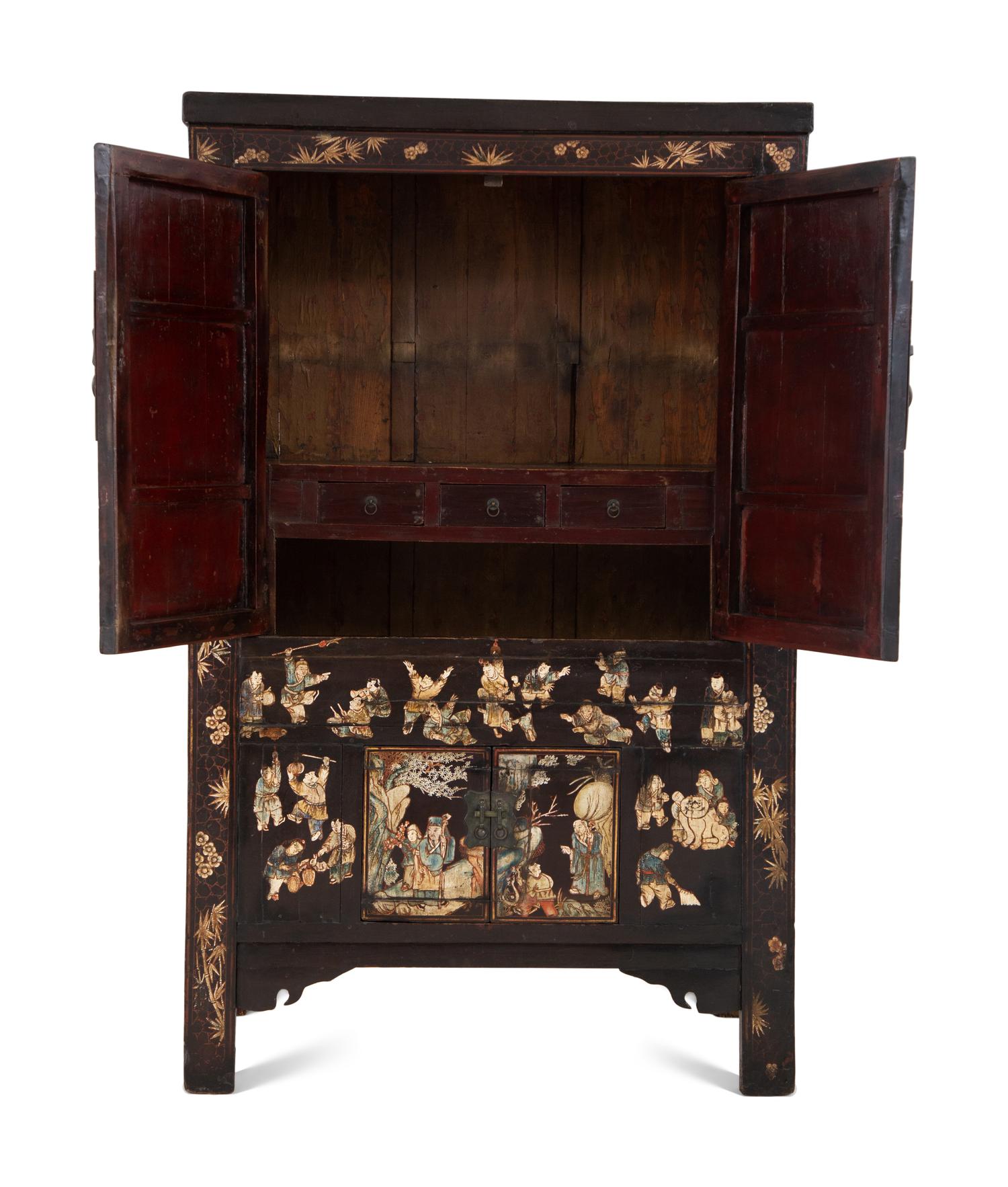 A Chinese Black Lacquer and Polychrome Scholar's Cabinet