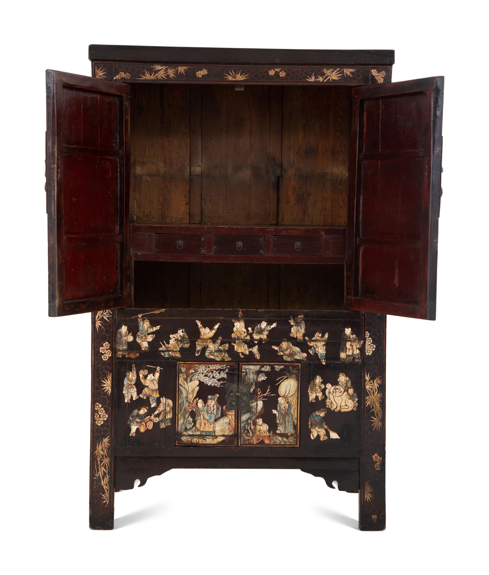 A Chinese Black Lacquer and Polychrome Scholar's Cabinet