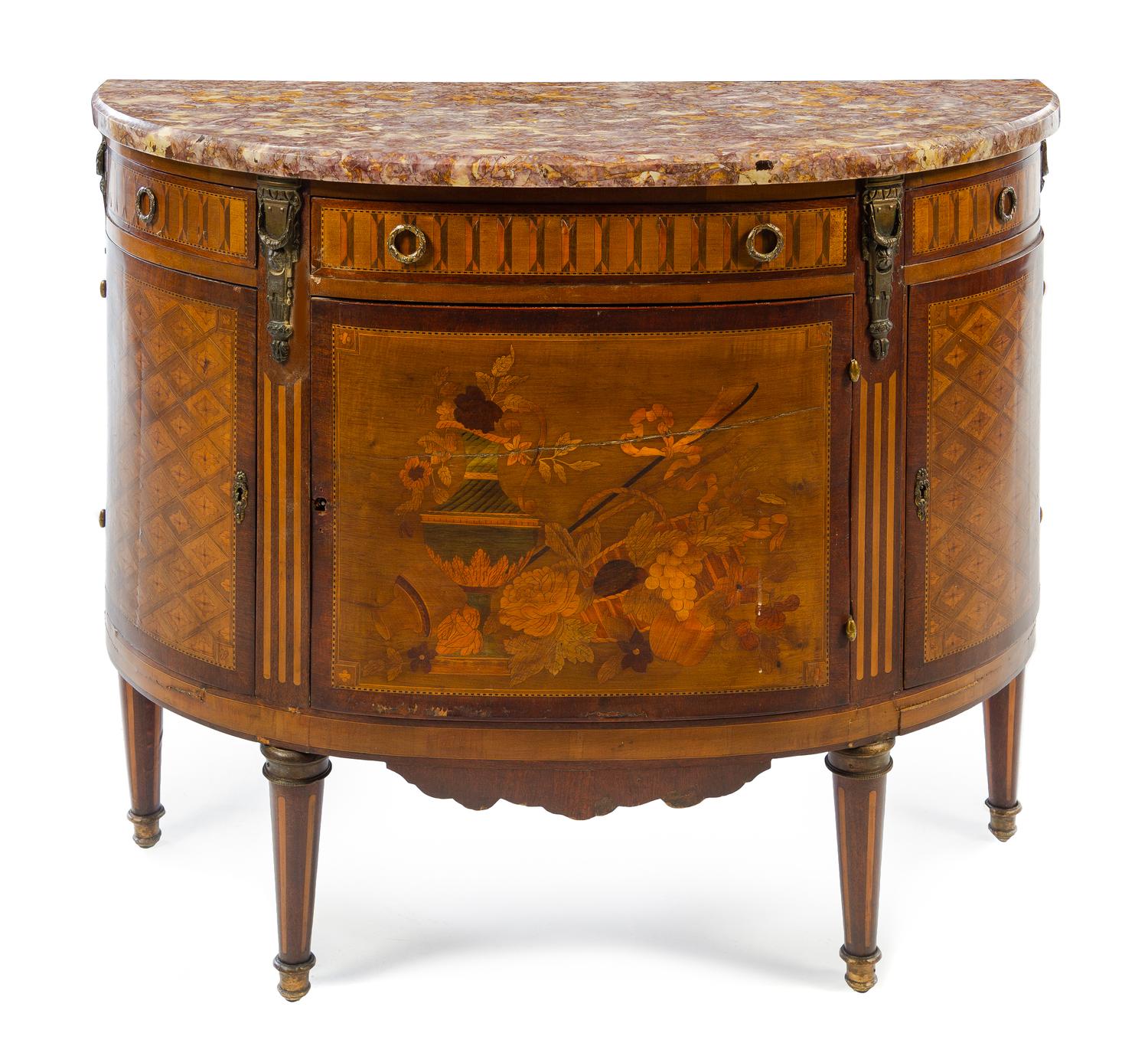 A Louis XVI Style Marquetry Commode Height 36 x width 43 1/2 x depth 17 1/4 inches. — 19TH CENTURY
