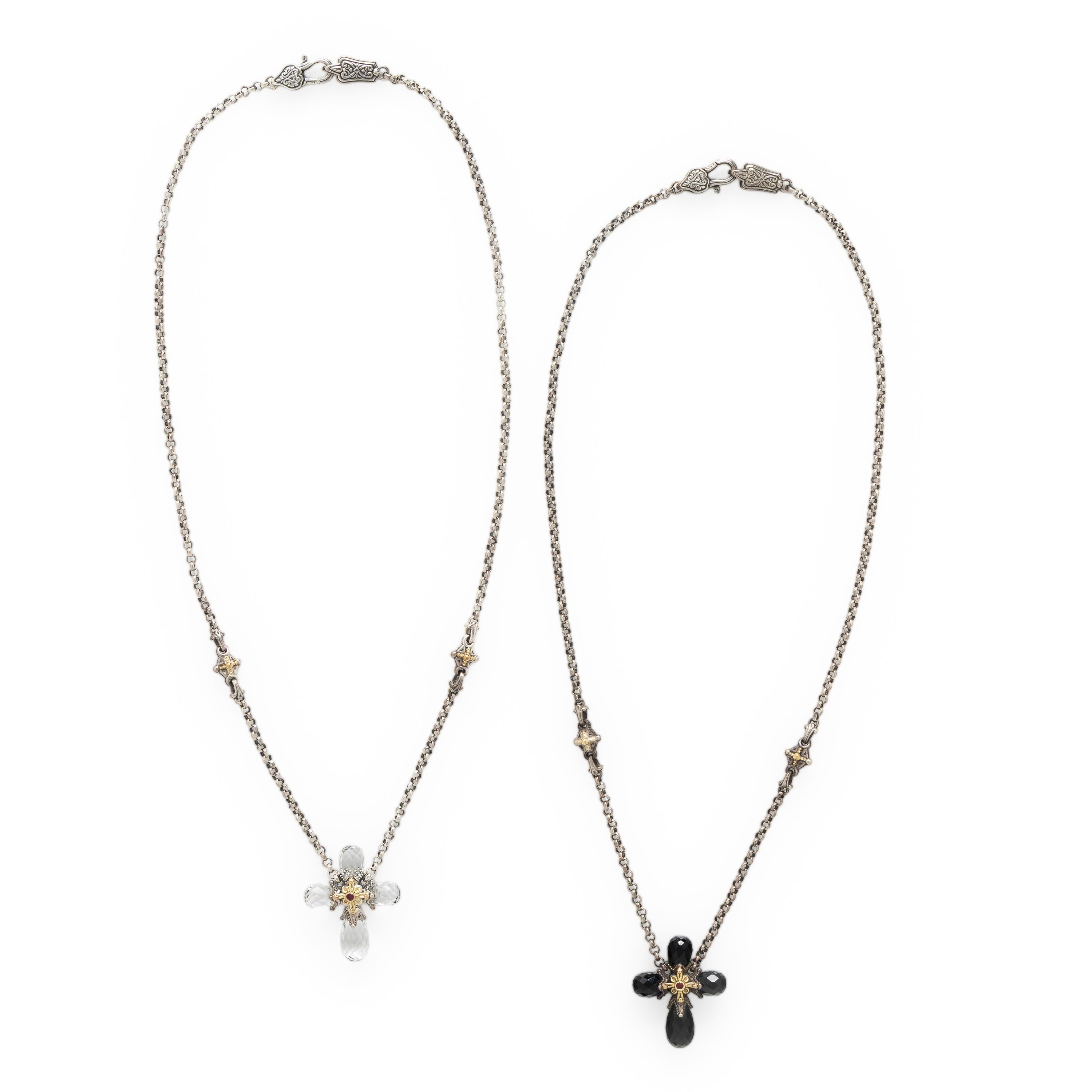 Konstantino, Two Sterling Silver and Crystal 'Pythia' Cross Pendant Necklaces