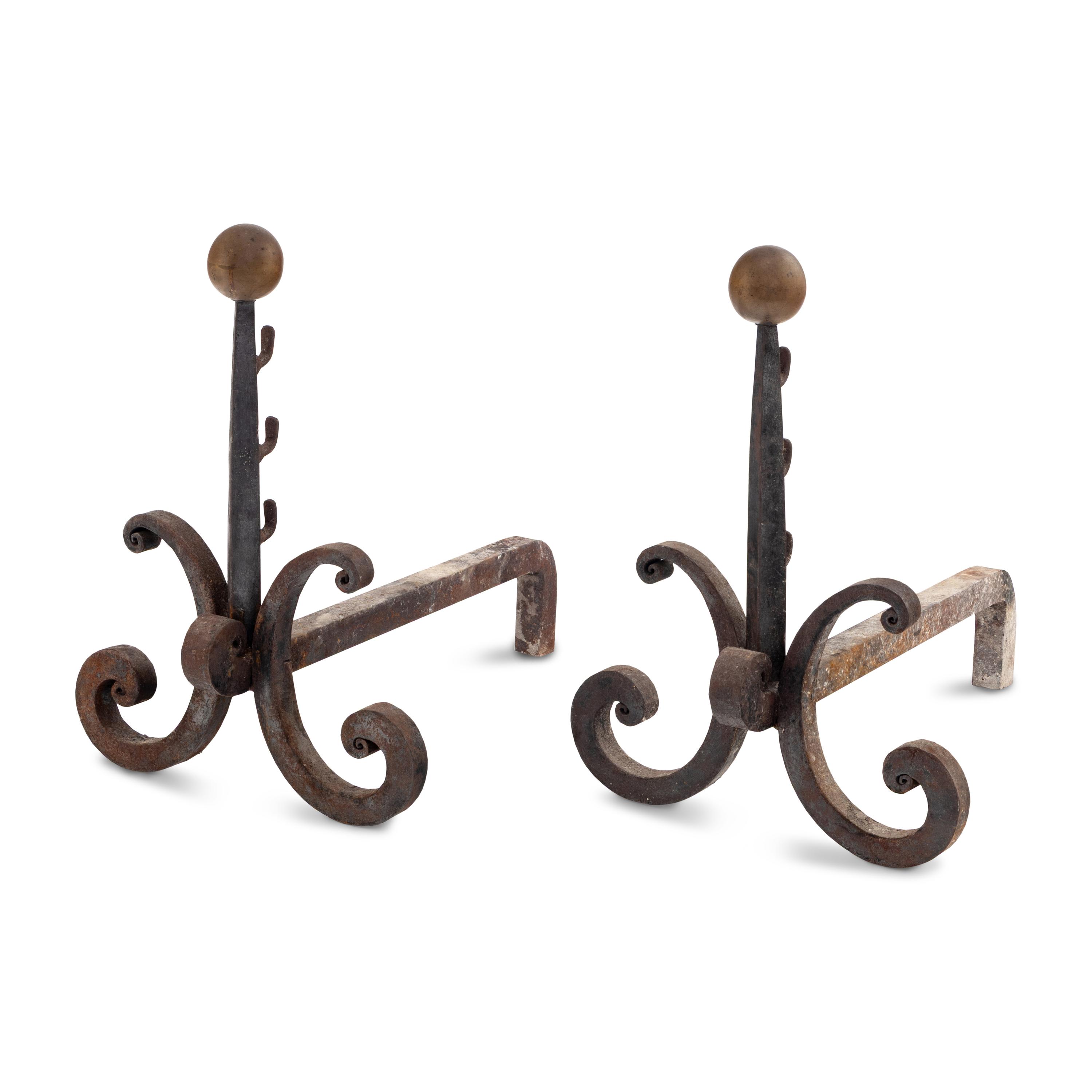 A Pair of French Iron and Bronze Andirons
