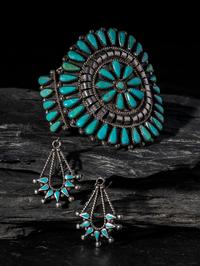 Navajo or Zuni Sterling Silver and Petit Point Turquoise Cuff Bracelet AND Hook Earrings