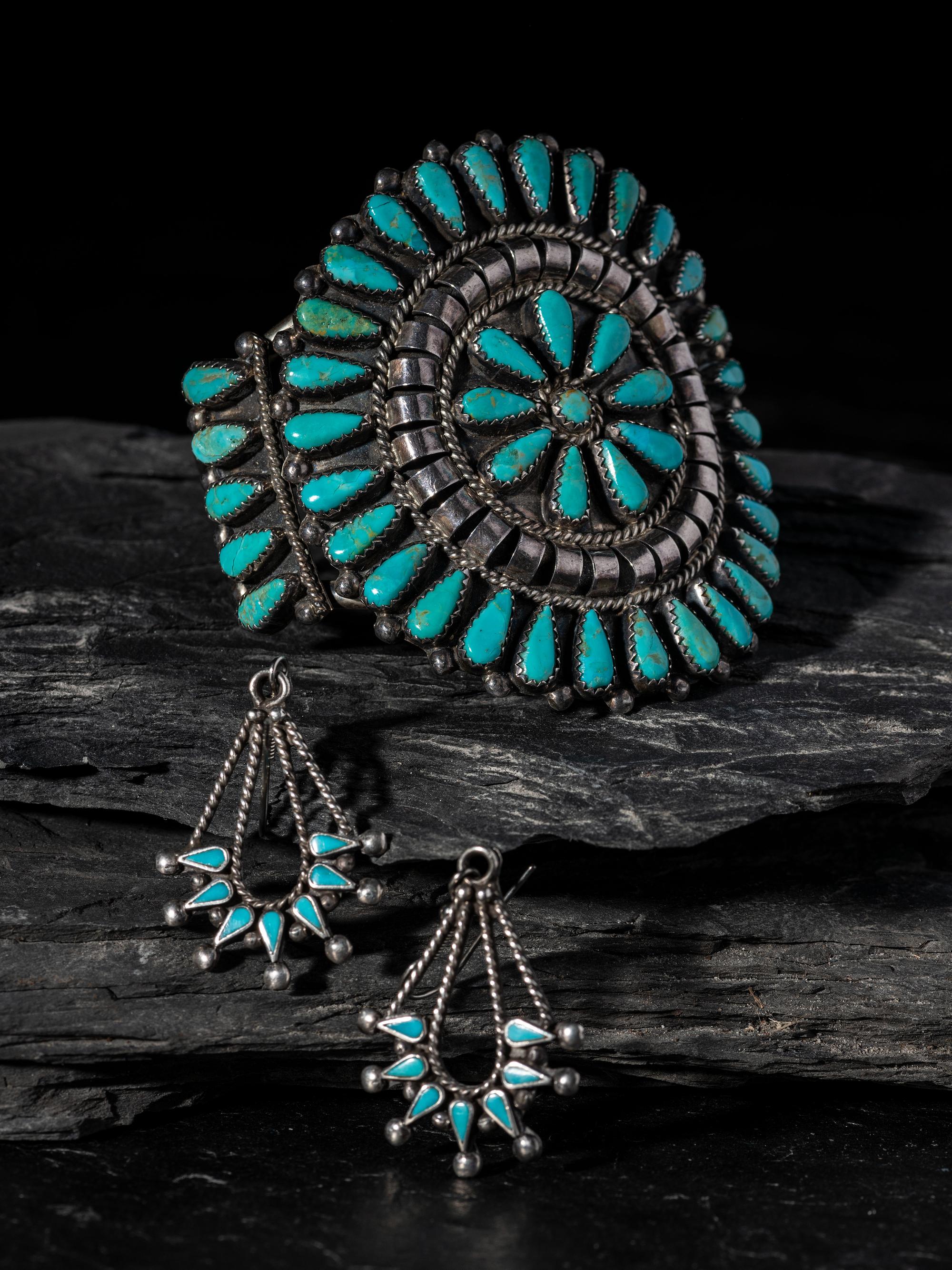 Navajo or Zuni Sterling Silver and Petit Point Turquoise Cuff Bracelet AND Hook Earrings