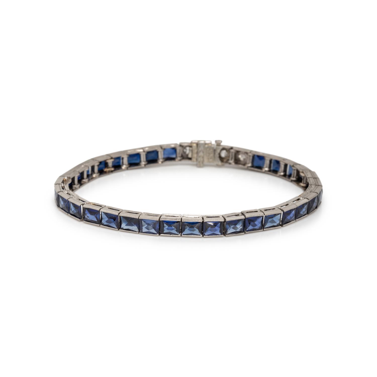 ART DECO, PLATINUM, SYNTHETIC SAPPHIRE, AND DIAMOND LINE BRACELET