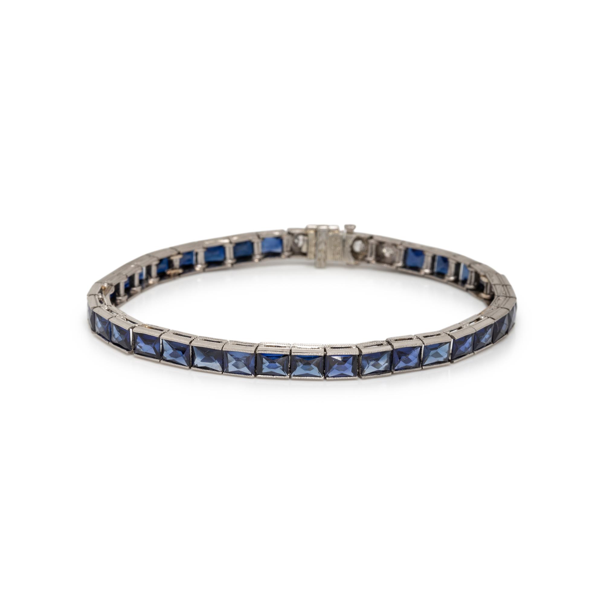 ART DECO, PLATINUM, SYNTHETIC SAPPHIRE, AND DIAMOND LINE BRACELET