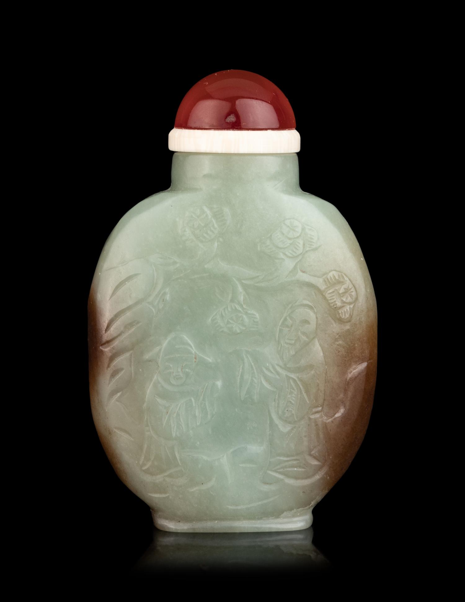 A Chinese Russet and Celadon Jade Snuff Bottle
