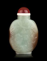 A Chinese Russet and Celadon Jade Snuff Bottle
