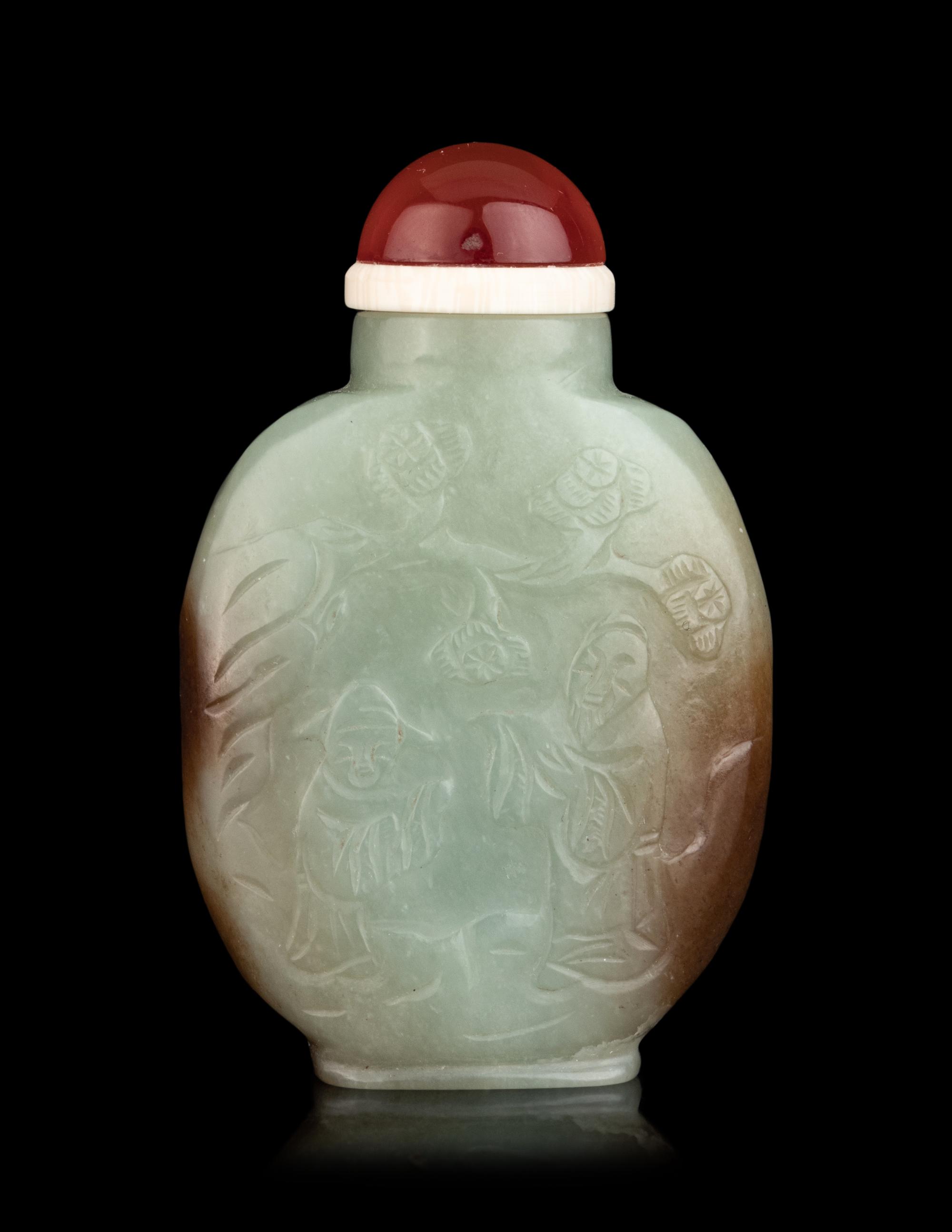 A Chinese Russet and Celadon Jade Snuff Bottle