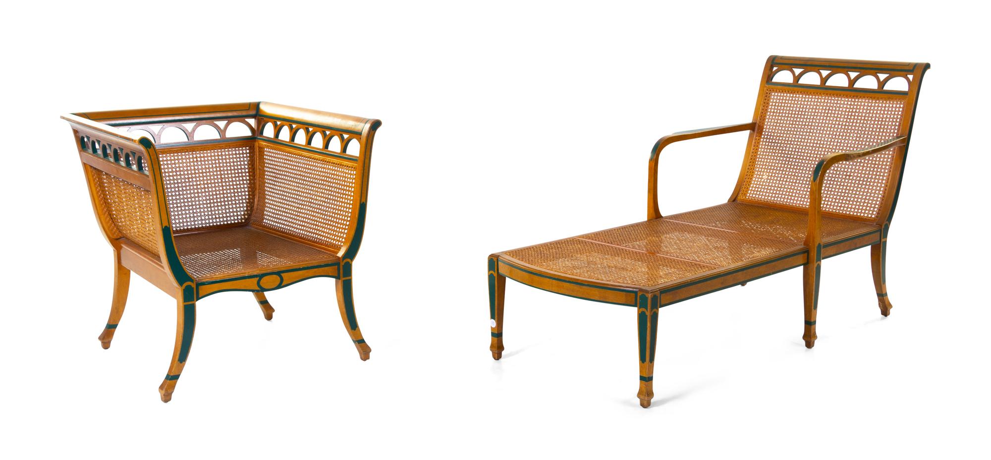 A Suite of Painted and Caned Furniture