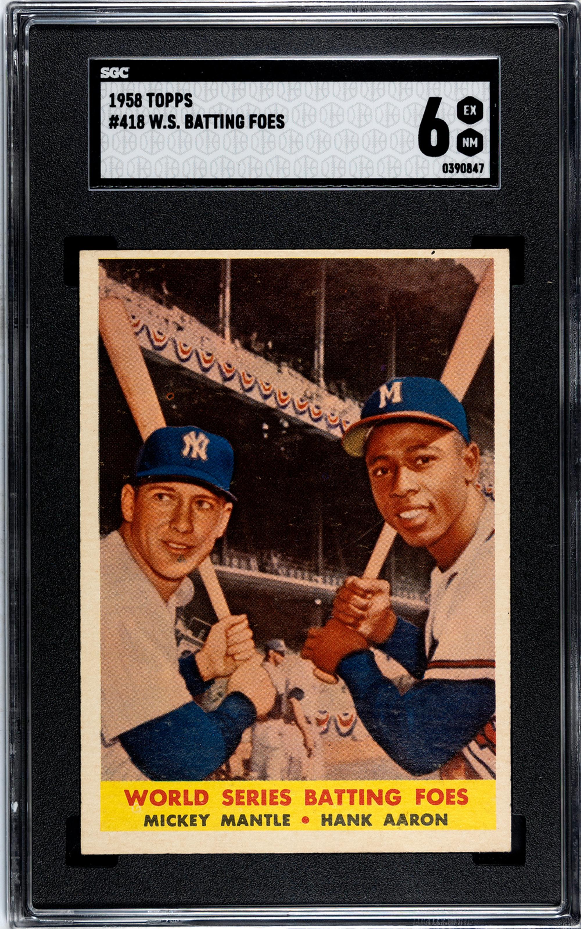 A 1958 Topps Mickey Mantle and Hank Aaron World Series Batting Foes Baseball Card No. 418 (SGC 6 EX/NM)
