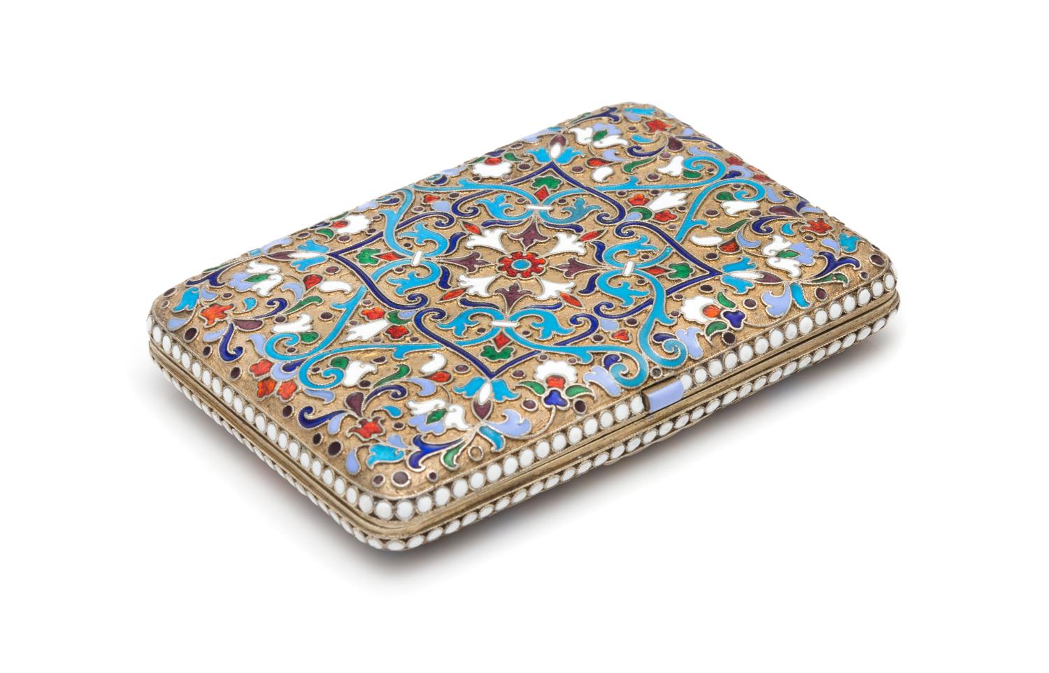 A Russian Enameled Silver-Gilt Cigarette Case, Mark of Nikolai Zugeryev, Assay of Ivan Lebedkin, Moscow, Late 19th/Early 20th Century,