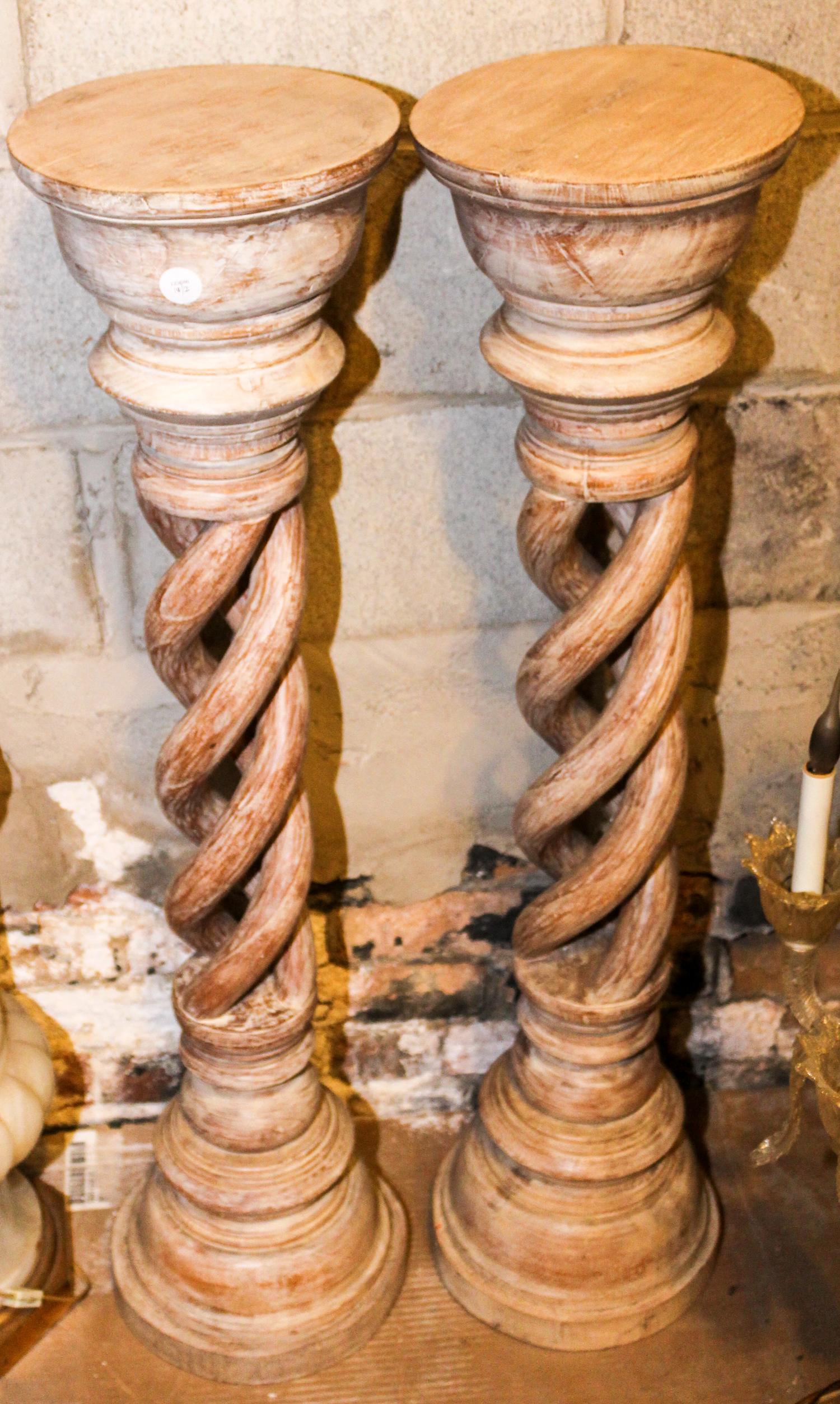A Pair of Painted Turned Wood Columns. Height 39 1/2 inches.