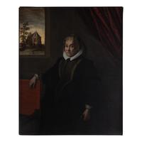 Italian School, 17th century — Portrait of a Lady said to be Tomassina Balbi, aged 84, Three-Quarter-Length, in a Headdress and Grey Dress, Standing by a Red Chair, Before a Window, a Church Beyond , 1629