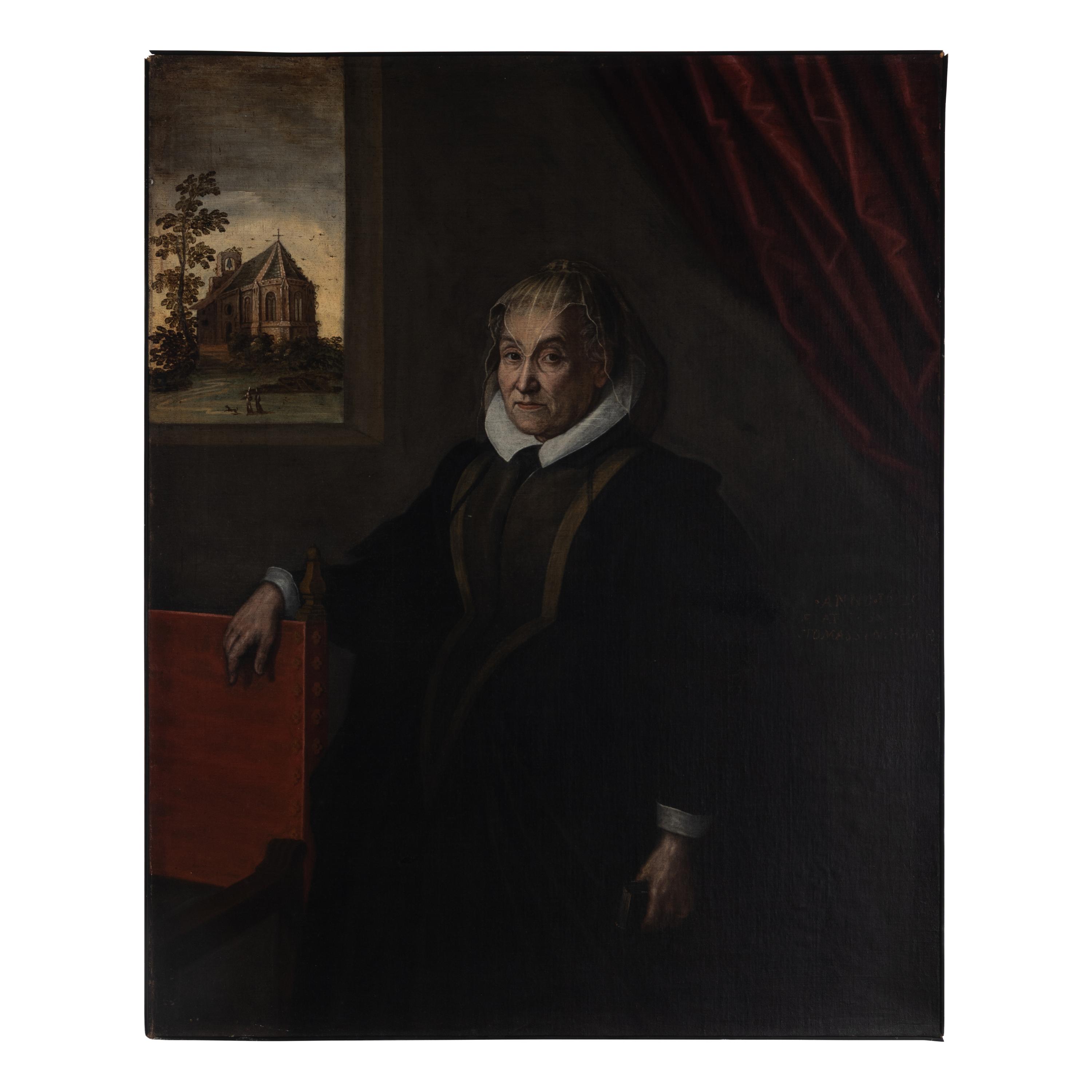 Italian School, 17th century — Portrait of a Lady said to be Tomassina Balbi, aged 84, Three-Quarter-Length, in a Headdress and Grey Dress, Standing by a Red Chair, Before a Window, a Church Beyond , 1629