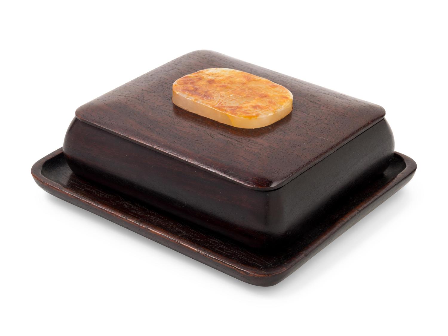 A Chinese Jade Inset Hardwood Box and Tray