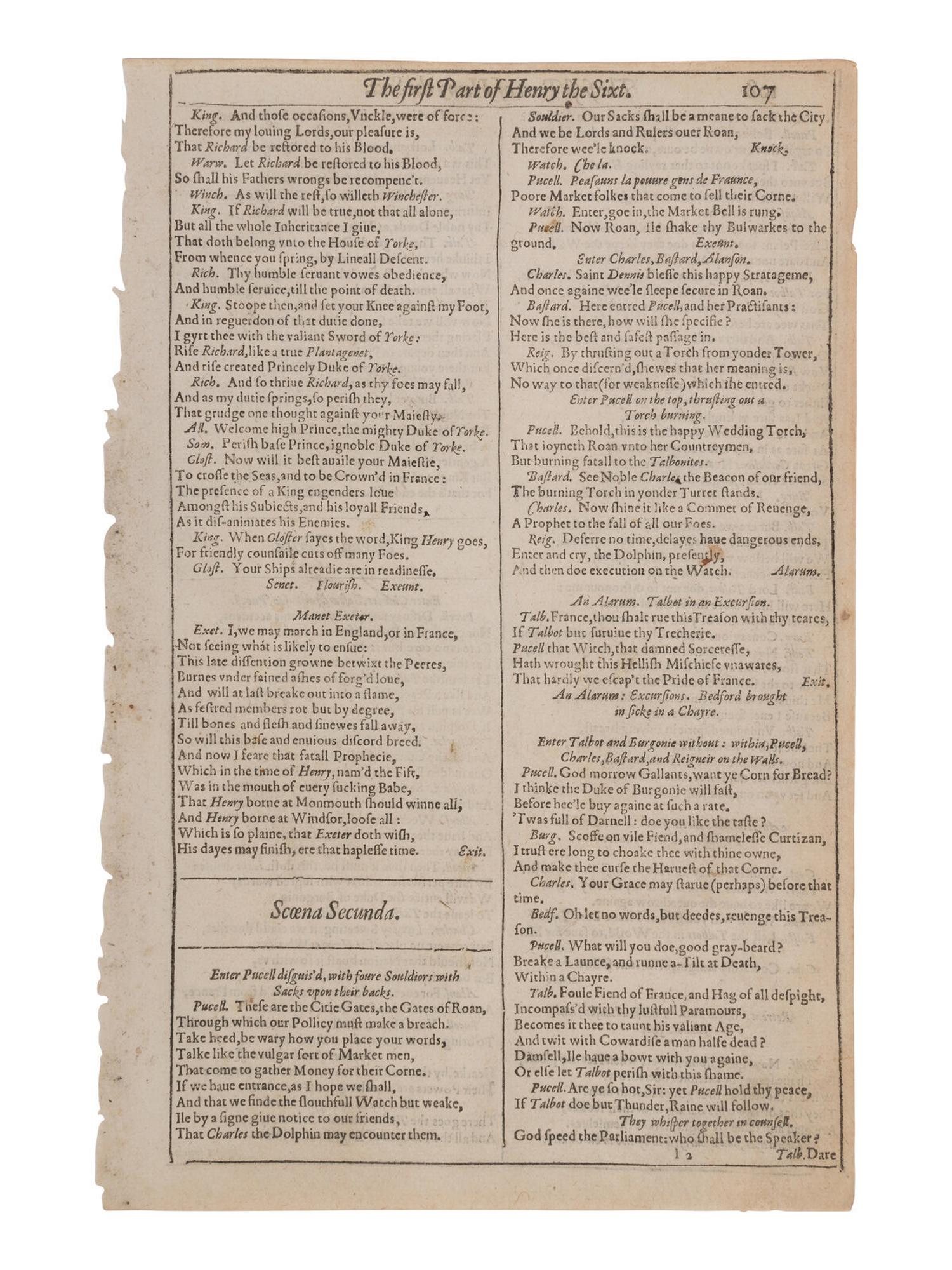 SHAKESPEARE, William (1564-1616). "The First Part of Henry the Sixt, with the death of the Duke of Yorke." [Extracted from: THE FIRST FOLIO ]. [London: Printed by Isaac Jaggard, and Ed. Blount…, 1623].