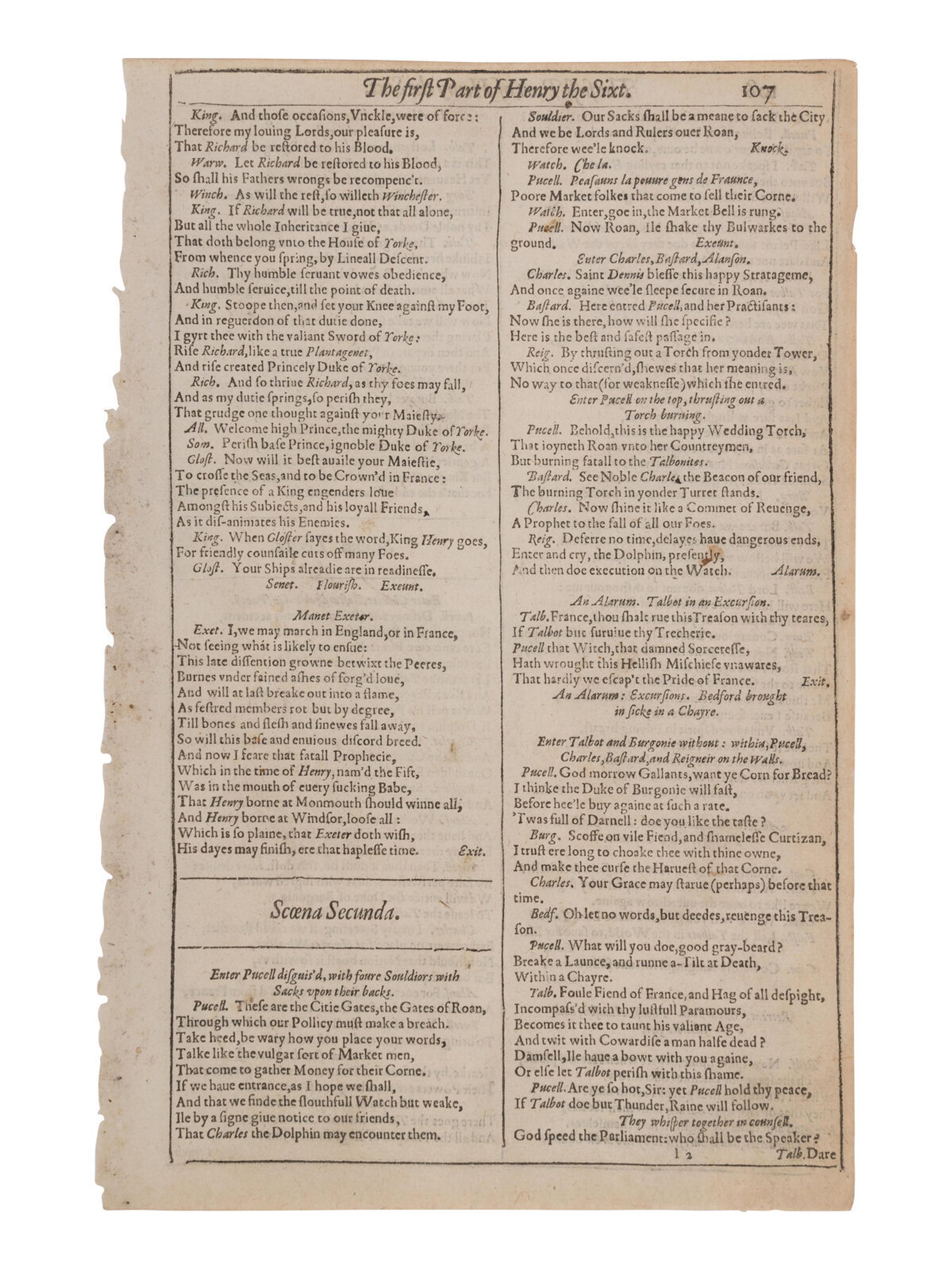 SHAKESPEARE, William (1564-1616). "The First Part of Henry the Sixt, with the death of the Duke of Yorke." [Extracted from: THE FIRST FOLIO ]. [London: Printed by Isaac Jaggard, and Ed. Blount…, 1623].