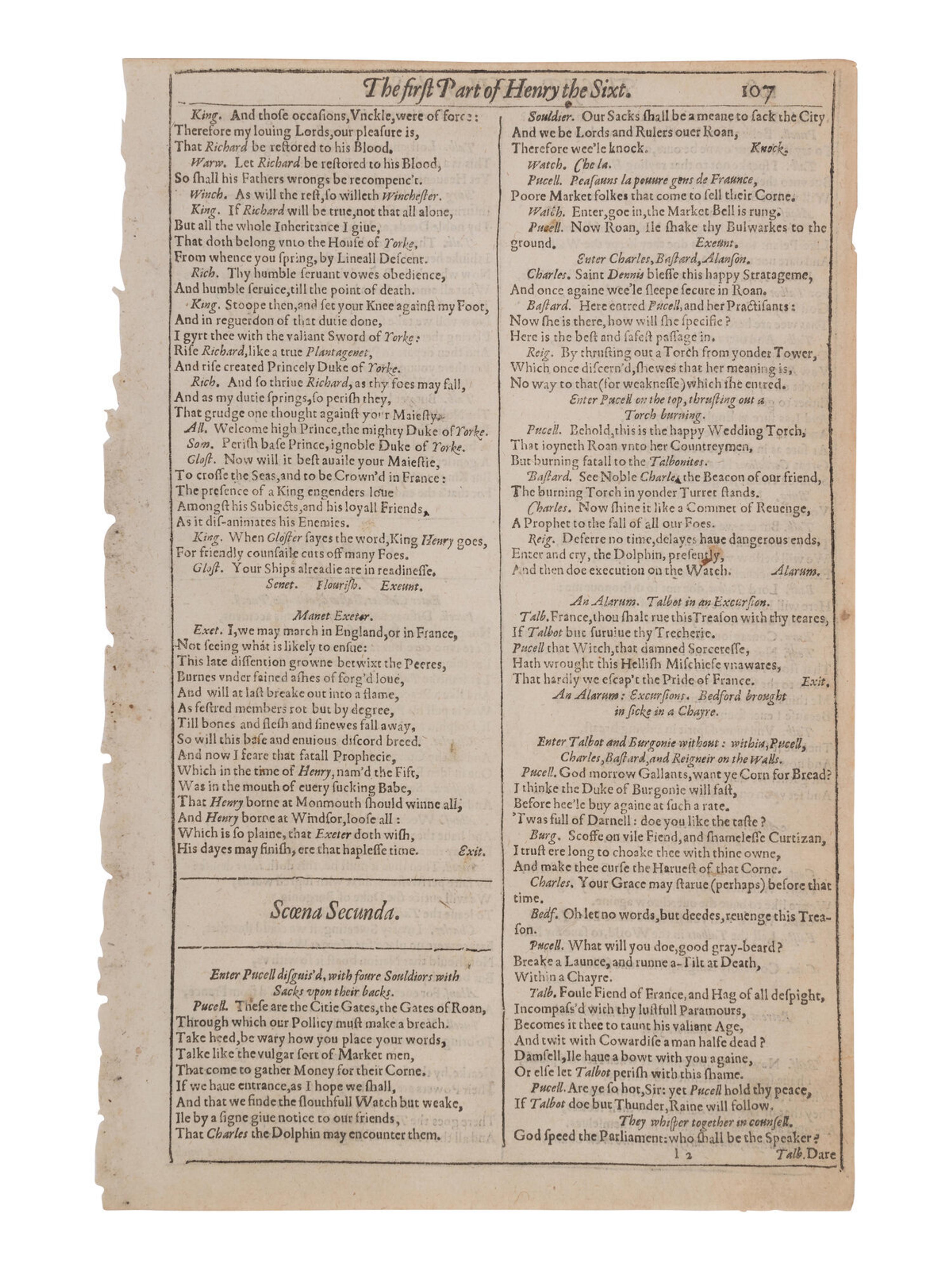 SHAKESPEARE, William (1564-1616). "The First Part of Henry the Sixt, with the death of the Duke of Yorke." [Extracted from: THE FIRST FOLIO ]. [London: Printed by Isaac Jaggard, and Ed. Blount…, 1623].