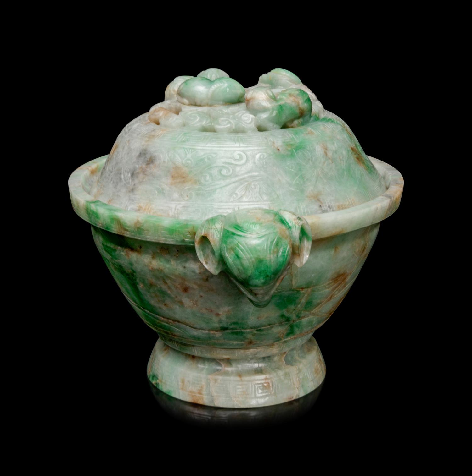 An Apple Green and Pale Celadon Jadeite Covered Bowl