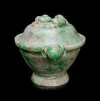 An Apple Green and Pale Celadon Jadeite Covered Bowl