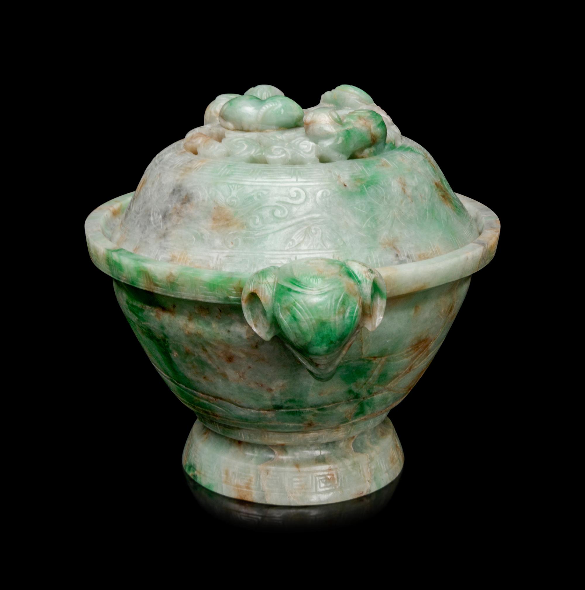 An Apple Green and Pale Celadon Jadeite Covered Bowl