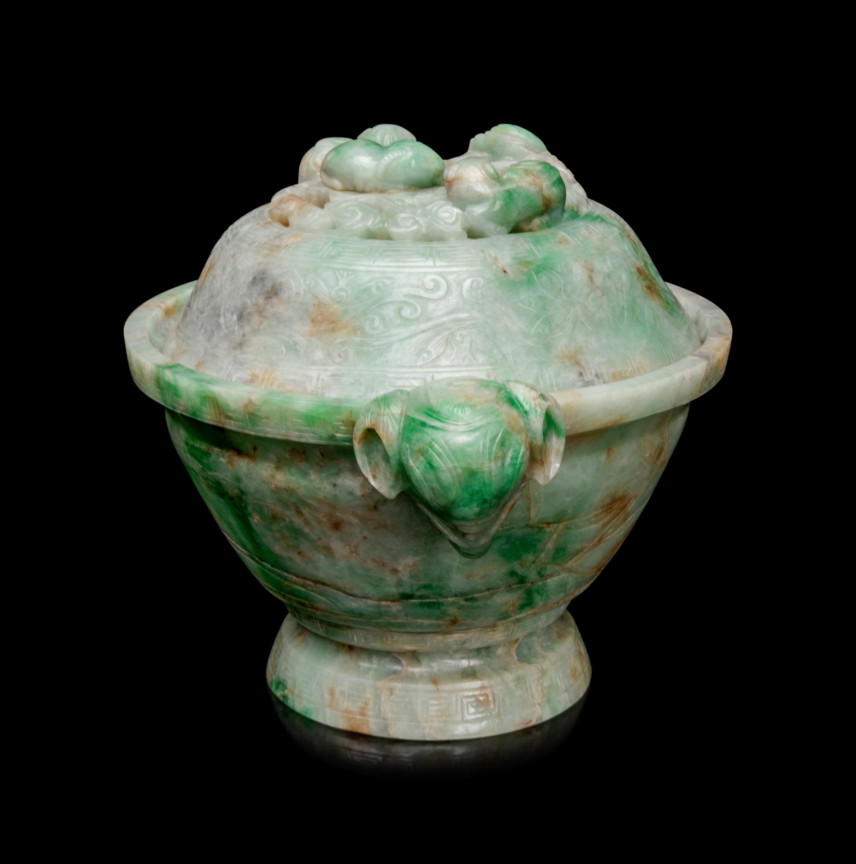 An Apple Green and Pale Celadon Jadeite Covered Bowl