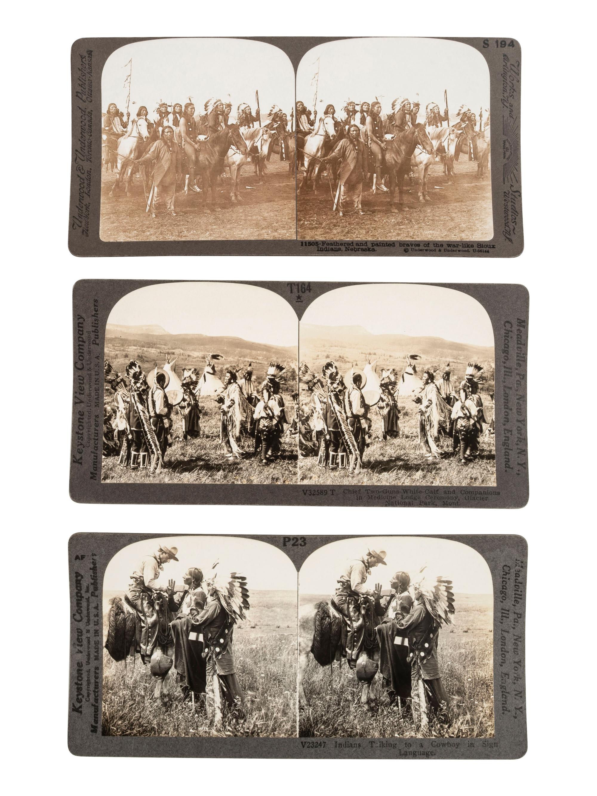 [NATIVE AMERICANS] 5 stereoviews, feat. image of noted Sioux Chiefs incl. Rain-in-the-Face and Gall