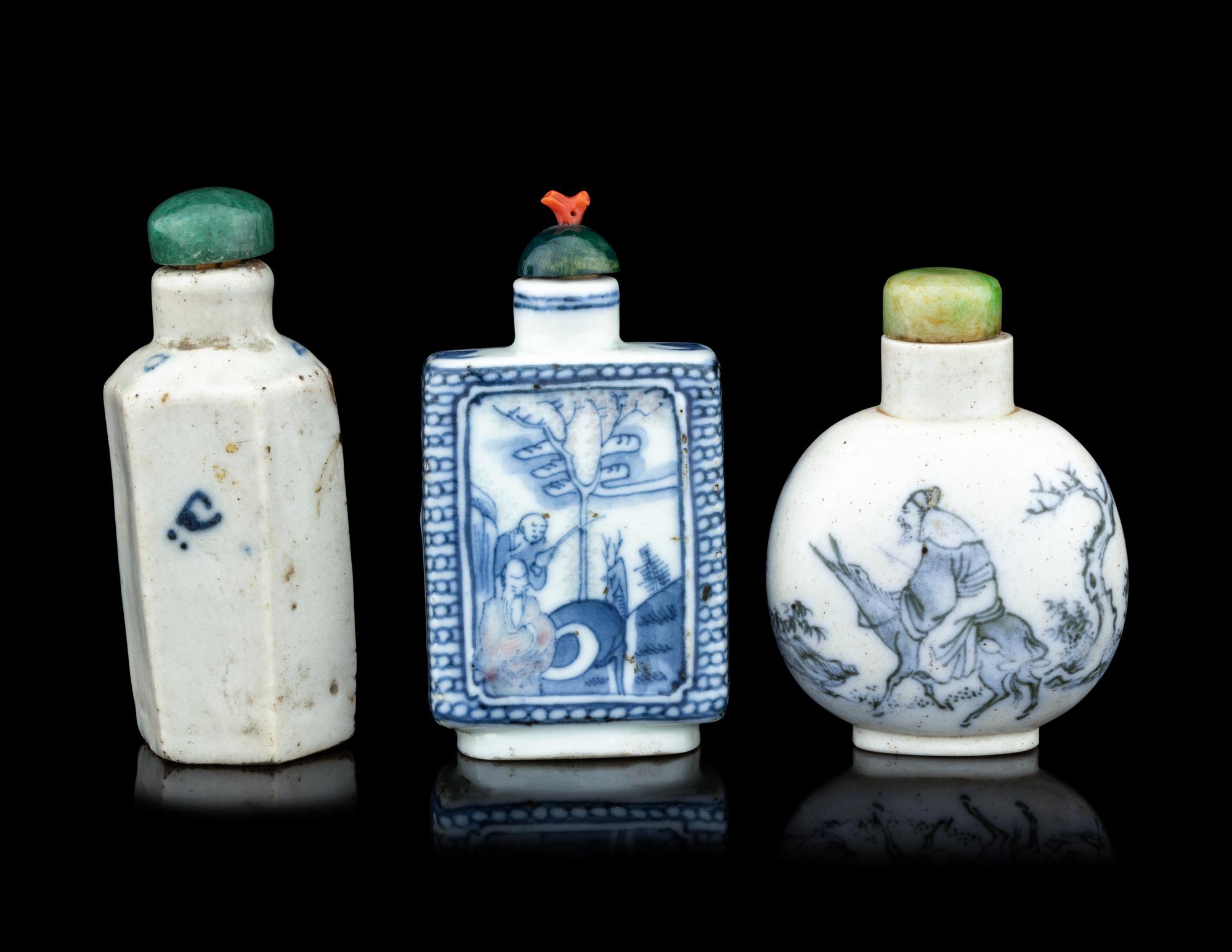 Three Chinese Blue and White Porcelain 'Figures' Snuff Bottles