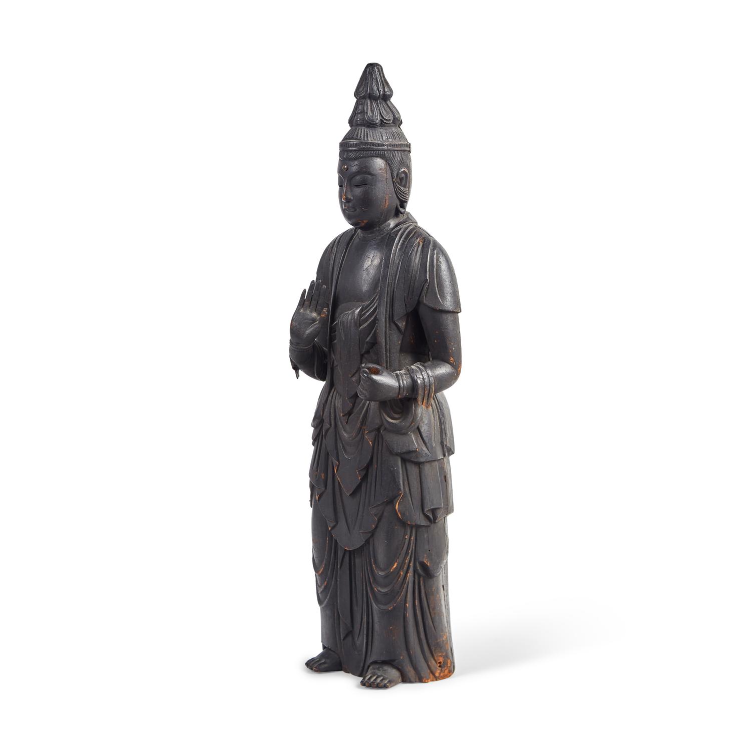 A Large Japanese Carved and Stained Wood Standing Figure of Kannon Bosatsu , Heian Period, 11th/12th Century