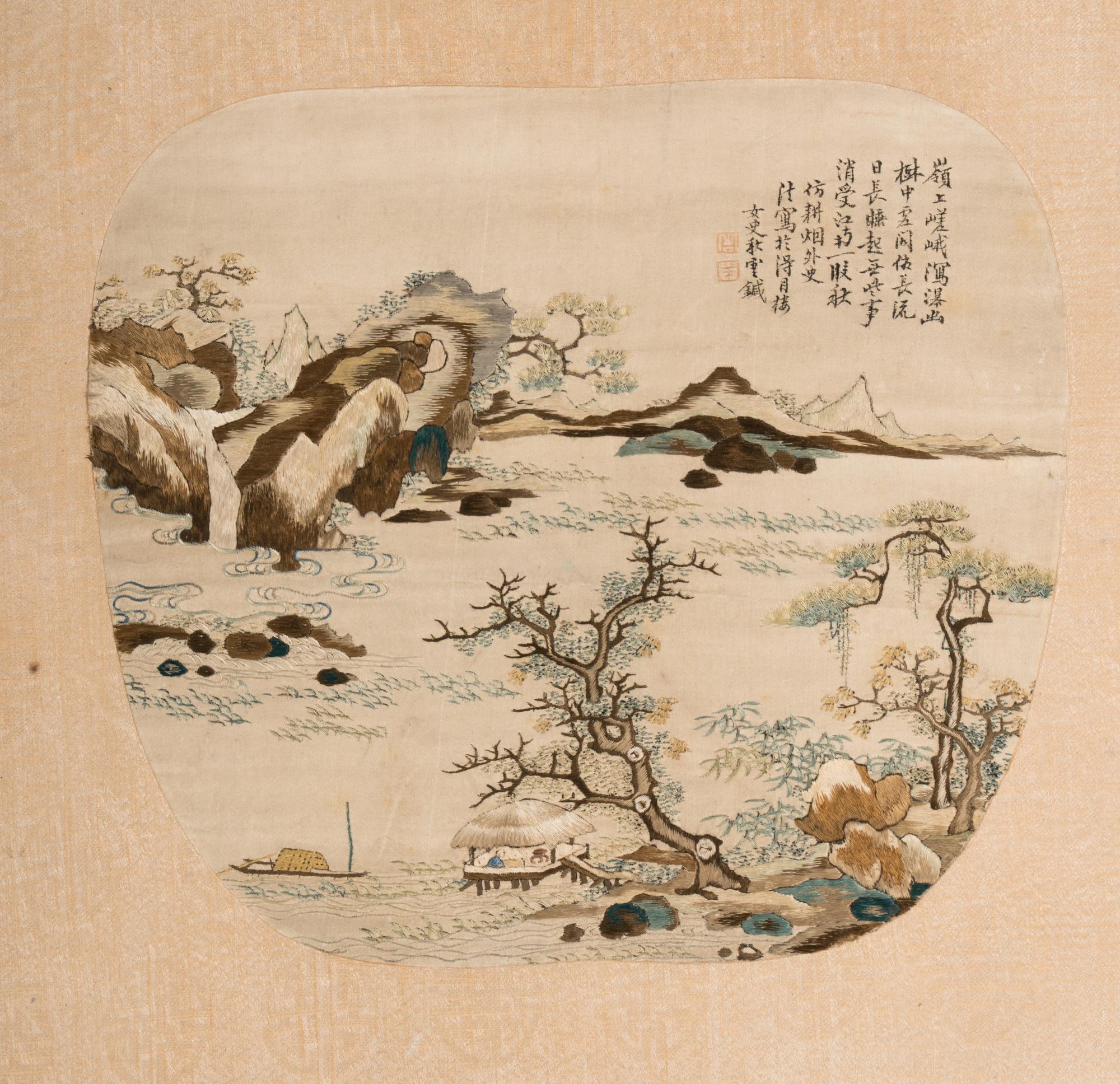 A Chinese Canton Style Embroidered 'Landscape' Hanging Scroll by Pan Qiuyun, 19th Century 清晚期 潘秋雲款粵繡王翬筆意山水軸